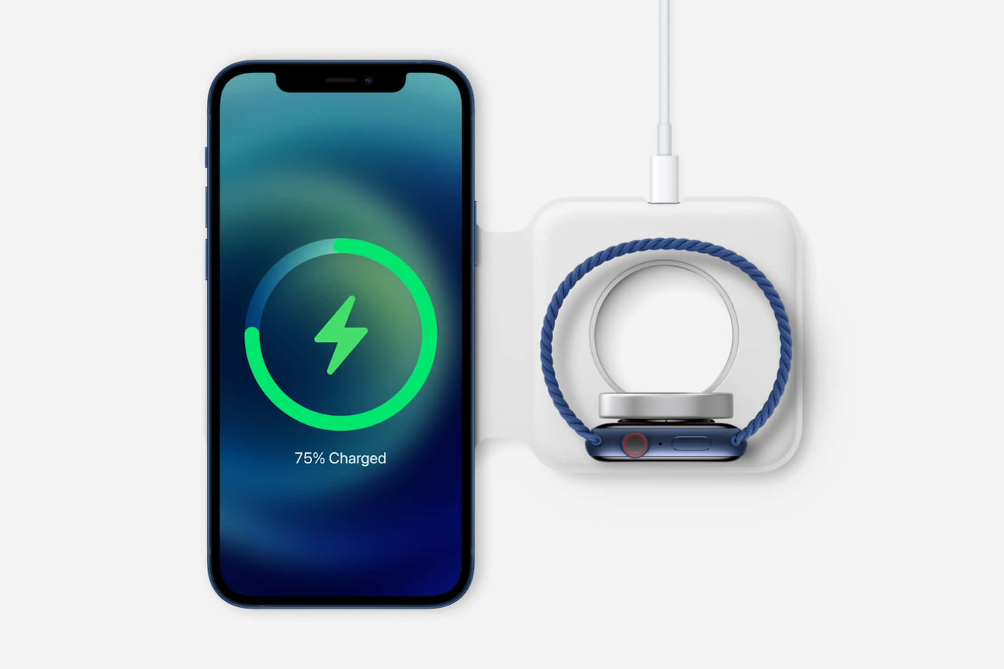 Wireless Charging 桌布 壁紙 — 智能手機和智能手錶在潔白的表面上無線充電，帶有綠色充電指示燈。
