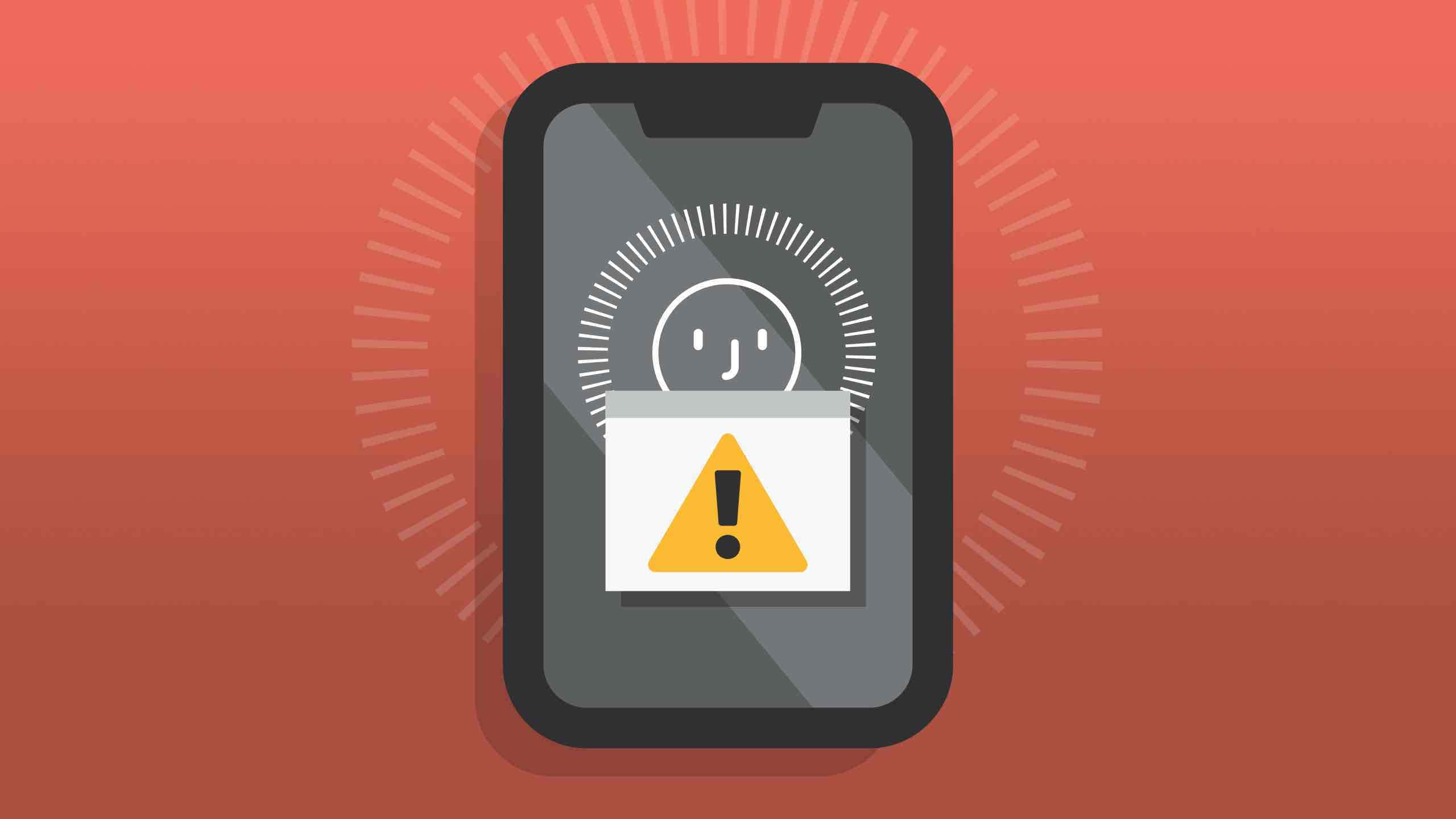 Face Id 桌布 壁紙 — 智能手機在溫暖的漸變背景上顯示一個笑臉上帶有警告圖標和加載圓圈。