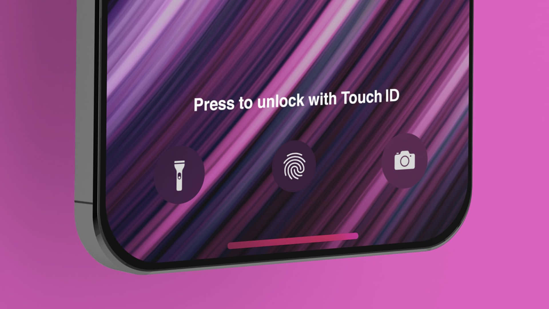 Touch Id 桌布 壁紙 — 智能手機屏幕特寫，顯示充滿活力的紫色對角線條紋壁紙，附有Touch ID解鎖提示和圖標。