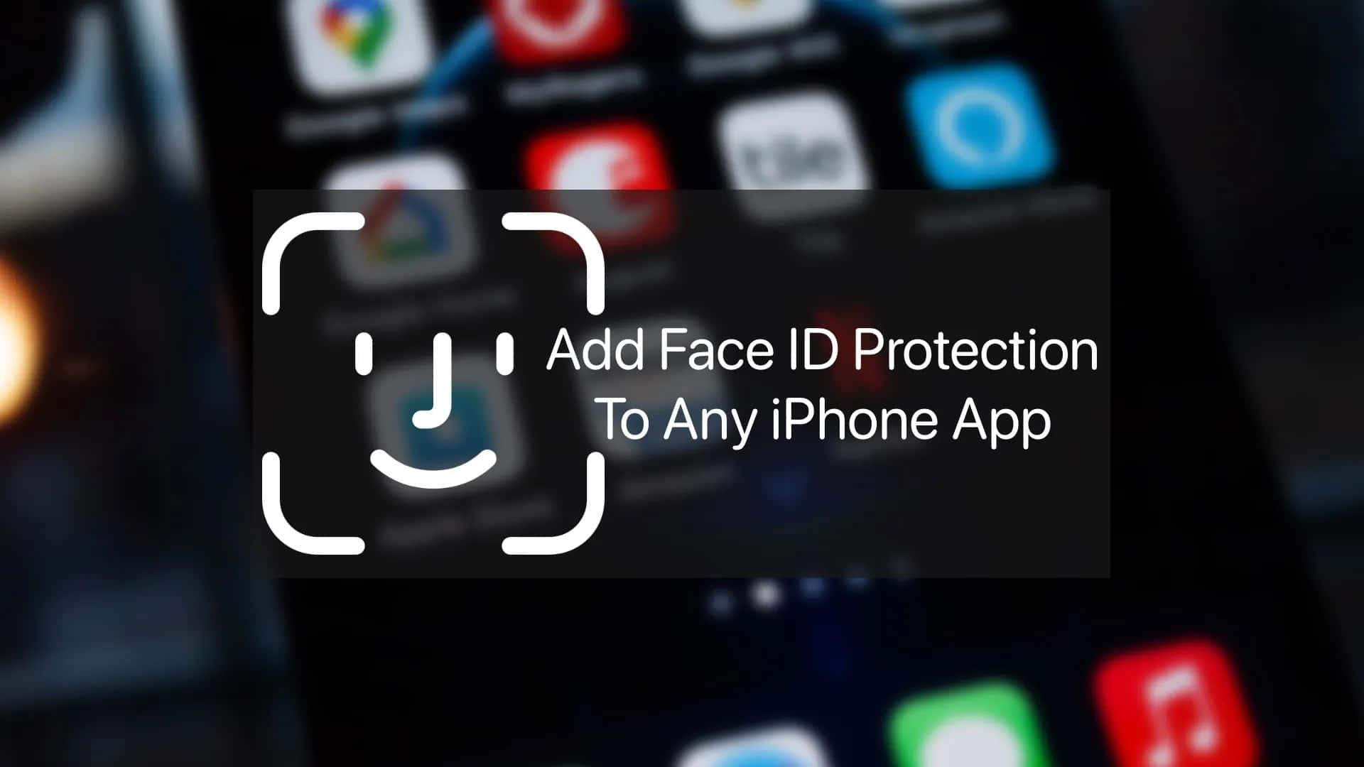 Face Id 桌布 壁紙 — 智能手機屏幕顯示一個 Face ID 提示，覆蓋在應用程式圖標上，並附有文字指示為任何 iPhone 應用程式添加 Face ID 保護。