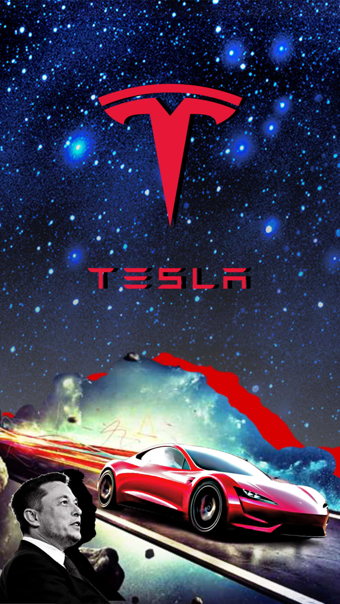紅色Tesla汽車在星空宇宙中疾馳，帶有Elon Musk肖像和Tesla標誌。