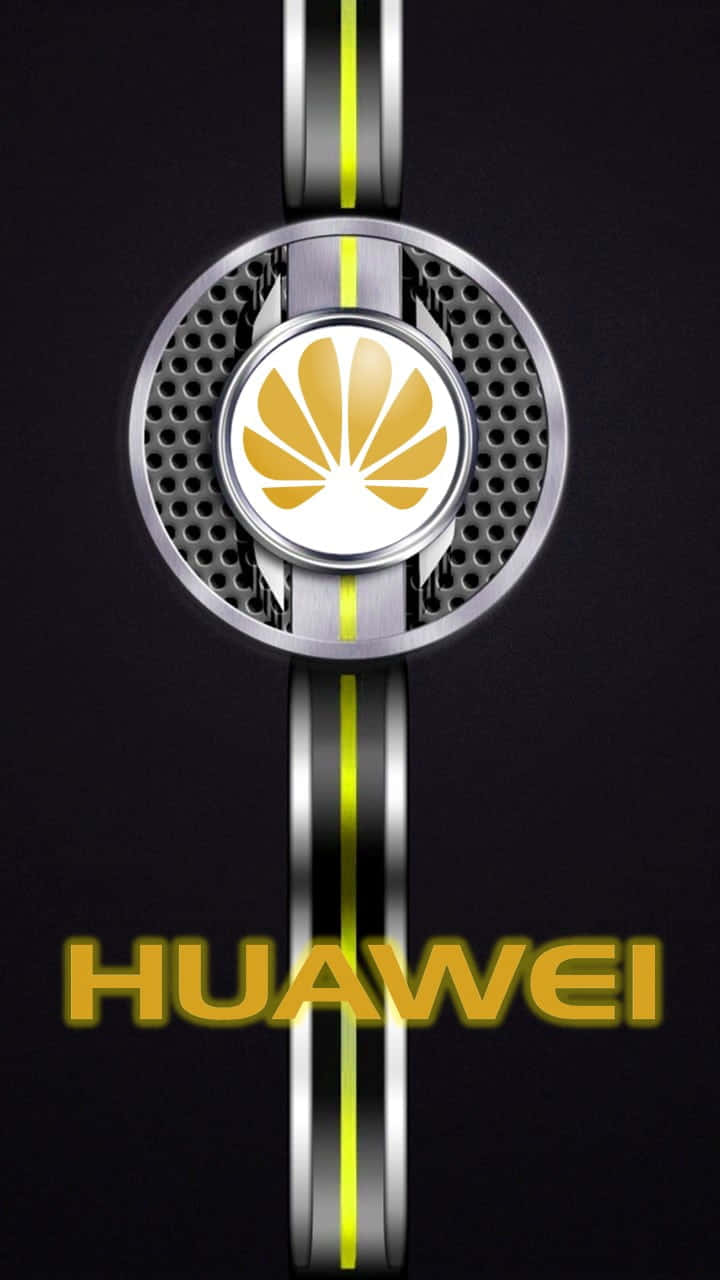 智能手機科技的未來已來臨 壁紙 — 一個時尚的Huawei標誌置於金屬圓形格柵中央，帶有發光的黃色條紋，背景為深色。