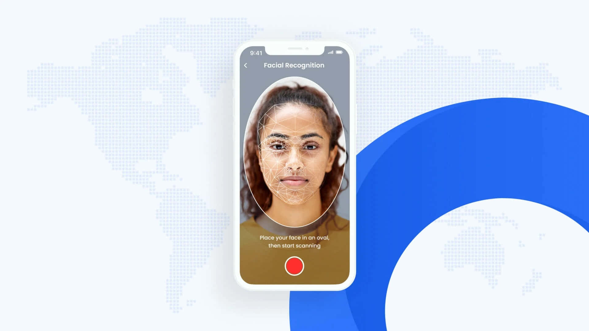 Face Recognition 桌布 壁紙 — 智能手機顯示面部識別，以網格疊加掃描女性臉部，背景為世界地圖和藍色抽象形狀。