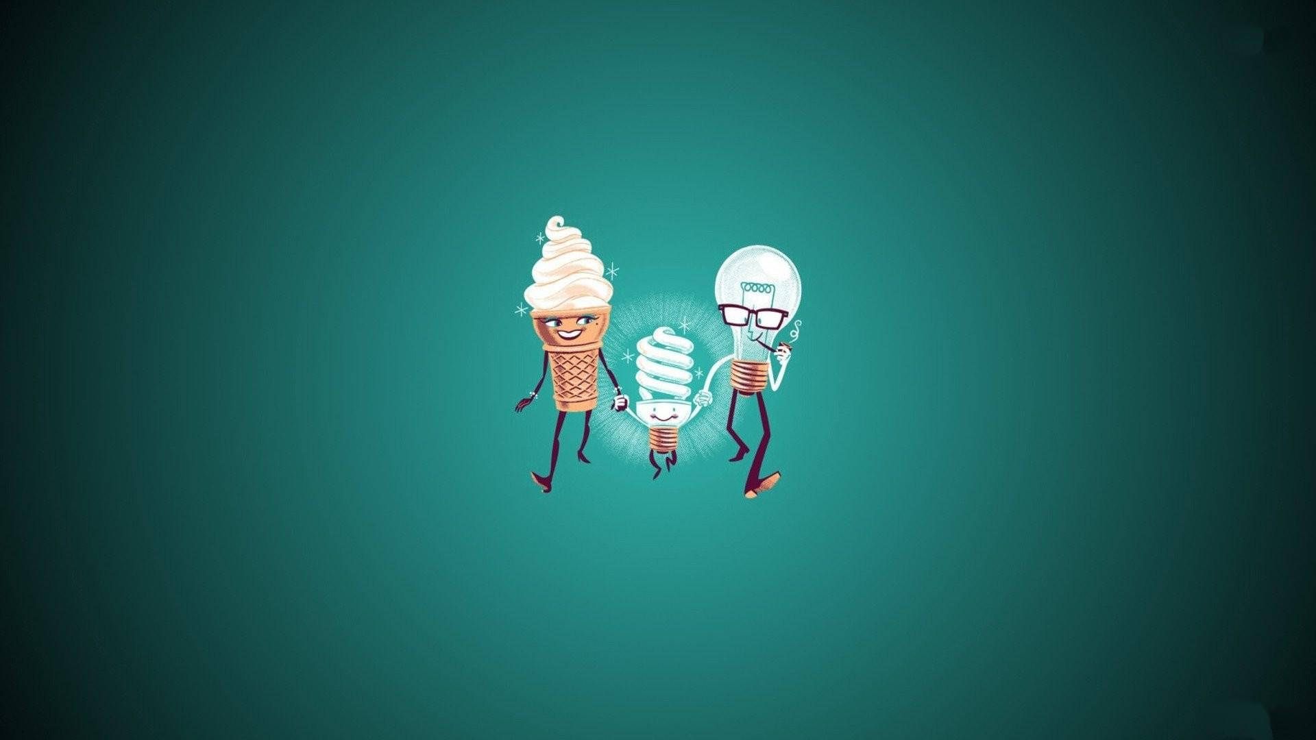 智能桌面趣味創意卡通 壁紙 — 三個卡通角色、一個雪糕筒、一個燈泡和一個較小的燈泡在青綠色背景上一同行走。