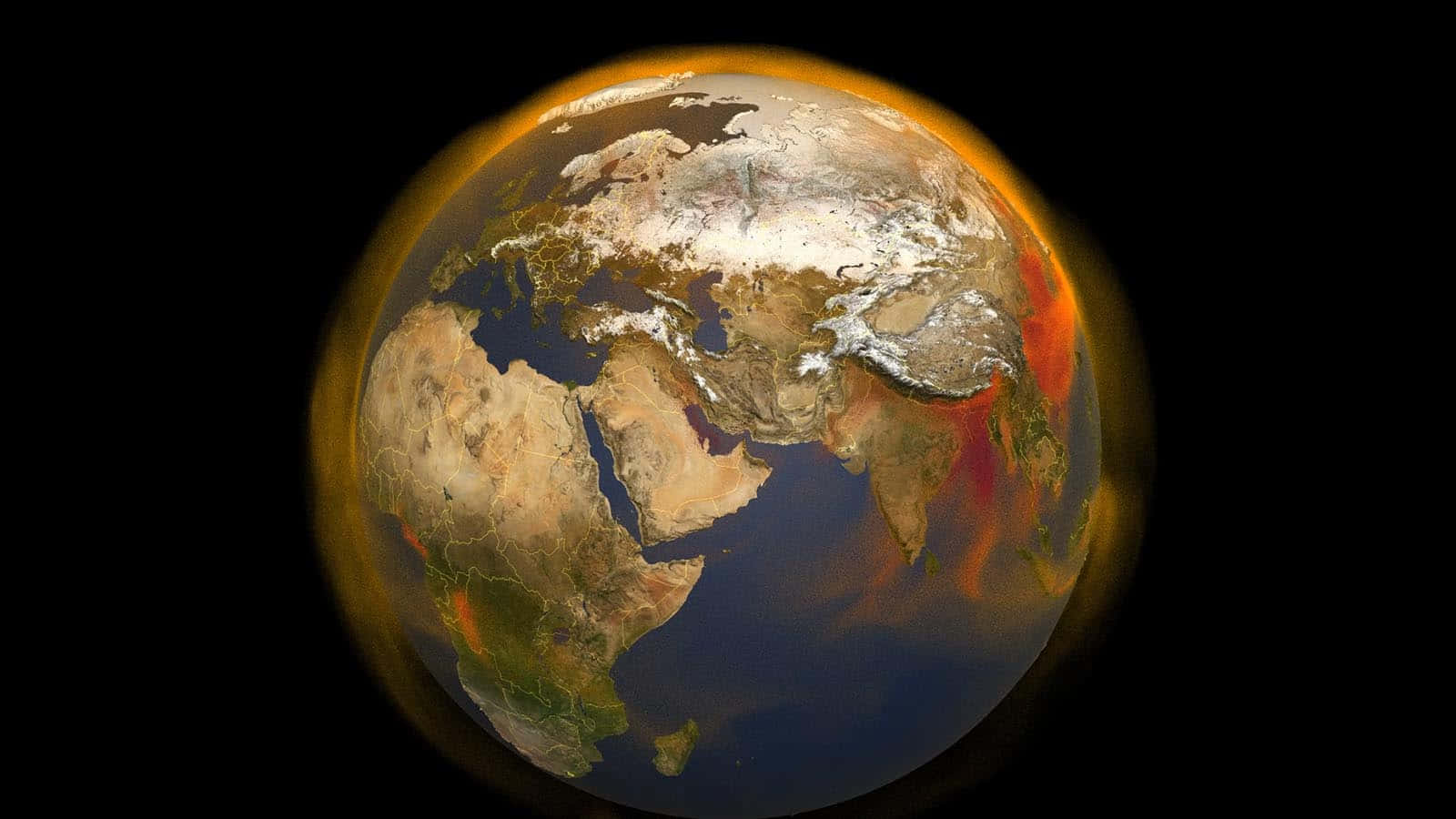 暖化地球的3D氣候變遷圖像 壁紙 — 從太空看到的地球，大陸沐浴在溫暖的橙色和紅色色調中，背景是黑色的虛空。