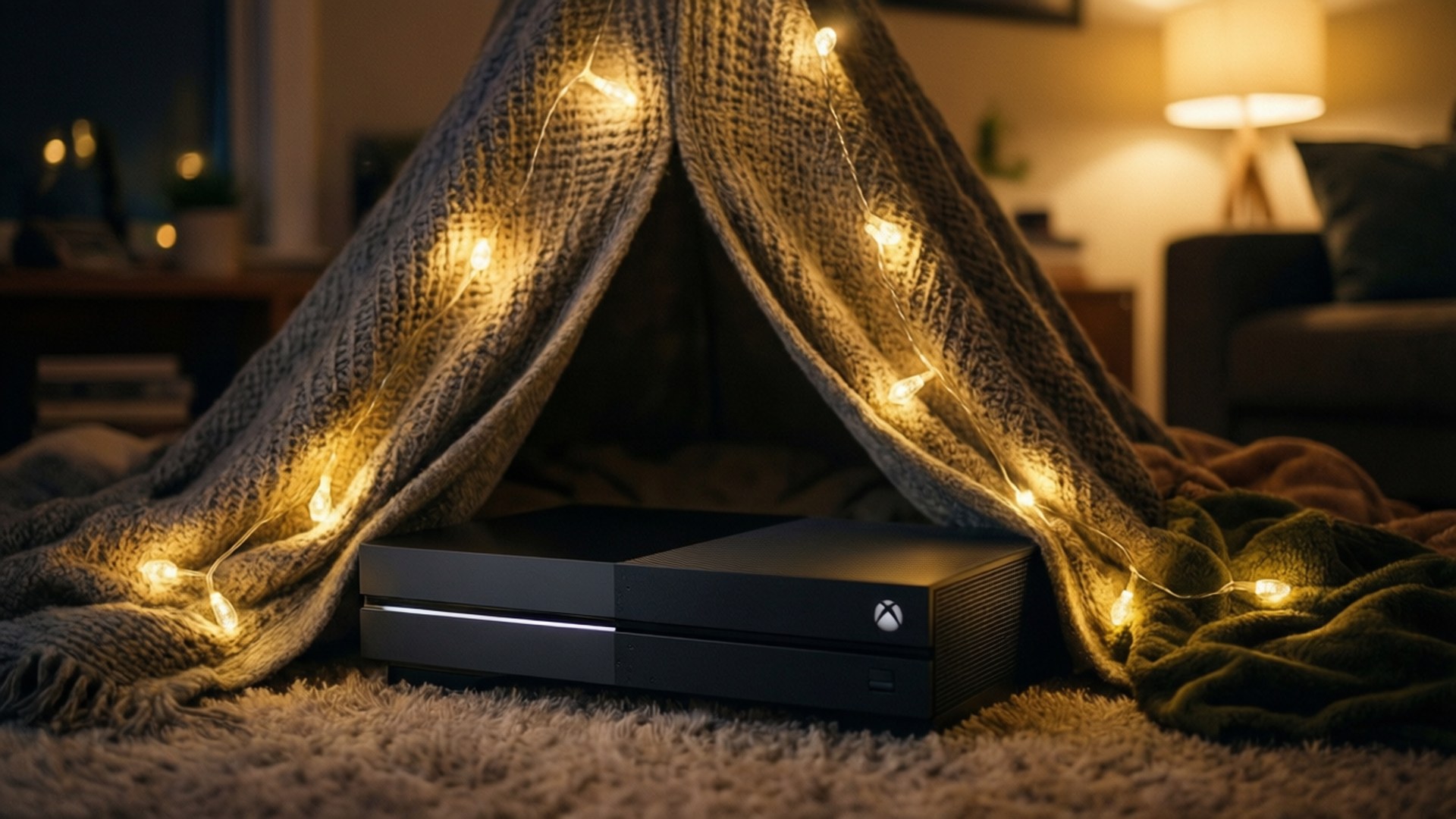 舒適的毛毯帳篷，燈串圍繞著放在毛絨地毯上的黑色Xbox主機。