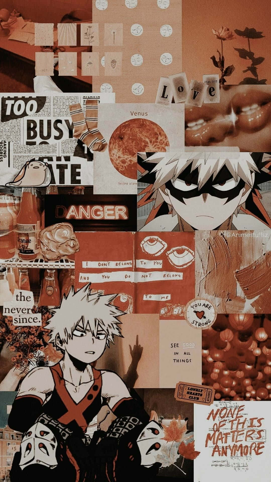 Anime Collage 桌布 壁紙 — 暖色調的動漫拼貼畫，包含角色、文字語錄和抽象元素，呈現分層剪貼簿風格。