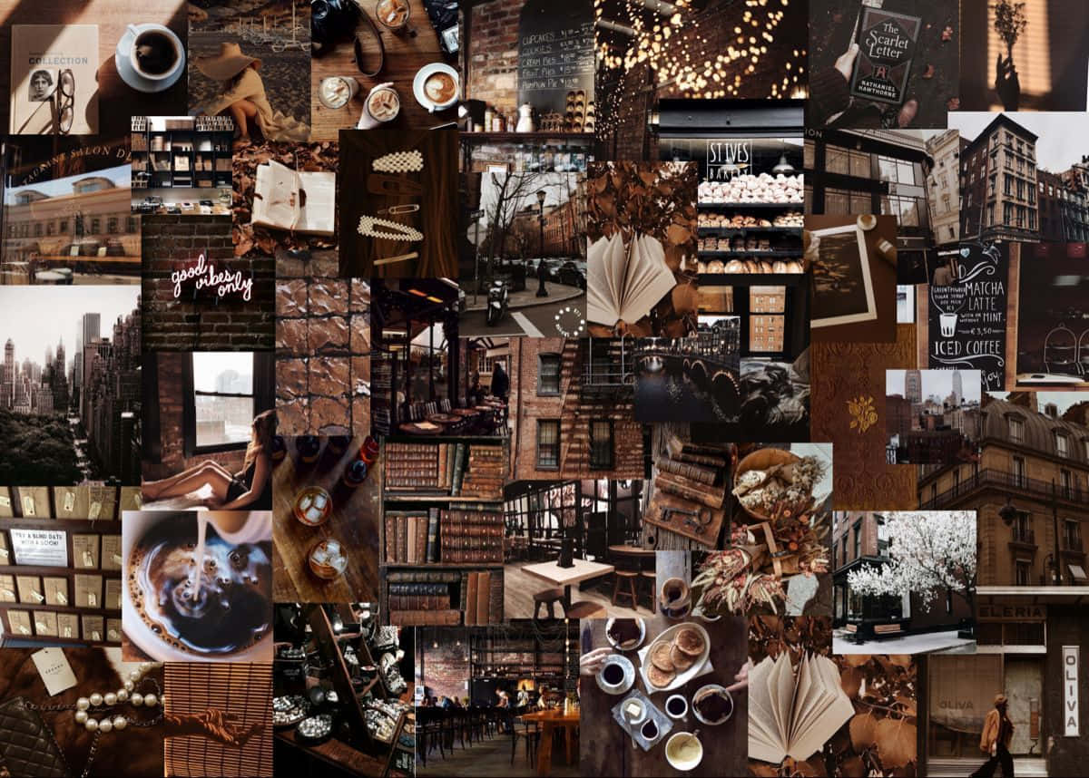 Dark Academia Aesthetic 桌布 壁紙 — 暖色調的復古咖啡店、書籍和城市街道拼貼畫，營造出舒適的知性魅力。