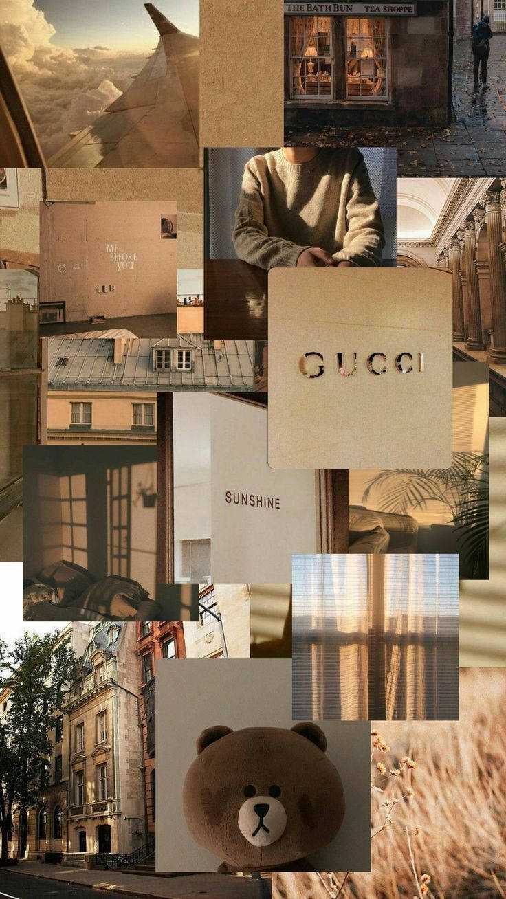 Vintage Aesthetic 桌布 壁紙 — 暖色調的拼貼畫，融合了城市景觀、舒適的室內設計和沐浴在金色光線中的時尚時刻。
