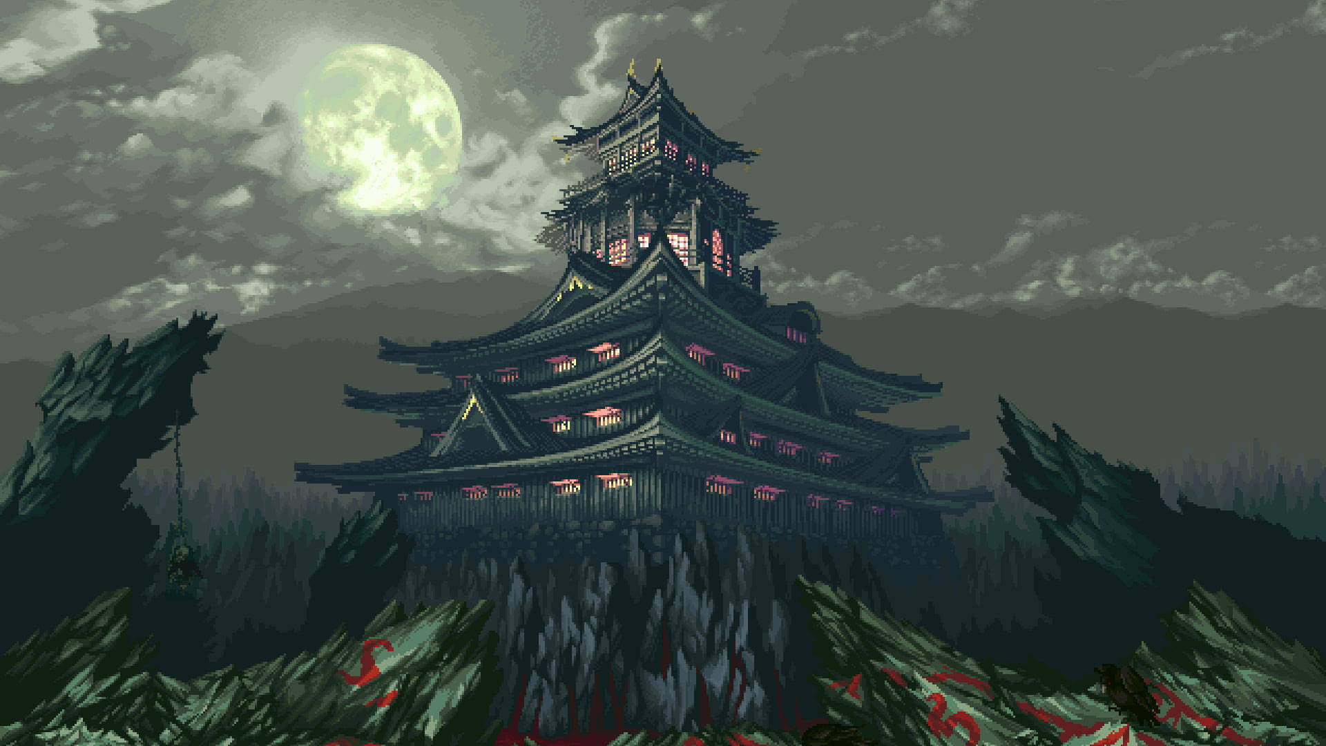 暗像素科技 壁紙 — 像素藝術日本城堡，坐落在懸崖上，下方是發光的滿月，帶有紅色發光的窗戶。