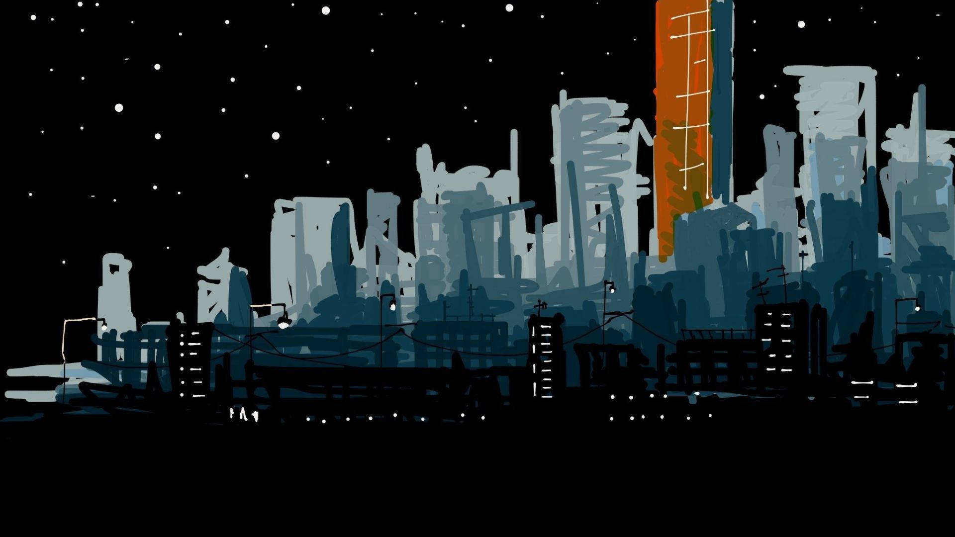 星空下有一座發光橙色摩天大樓的夜間城市景觀。 — 暗夜城市 壁紙