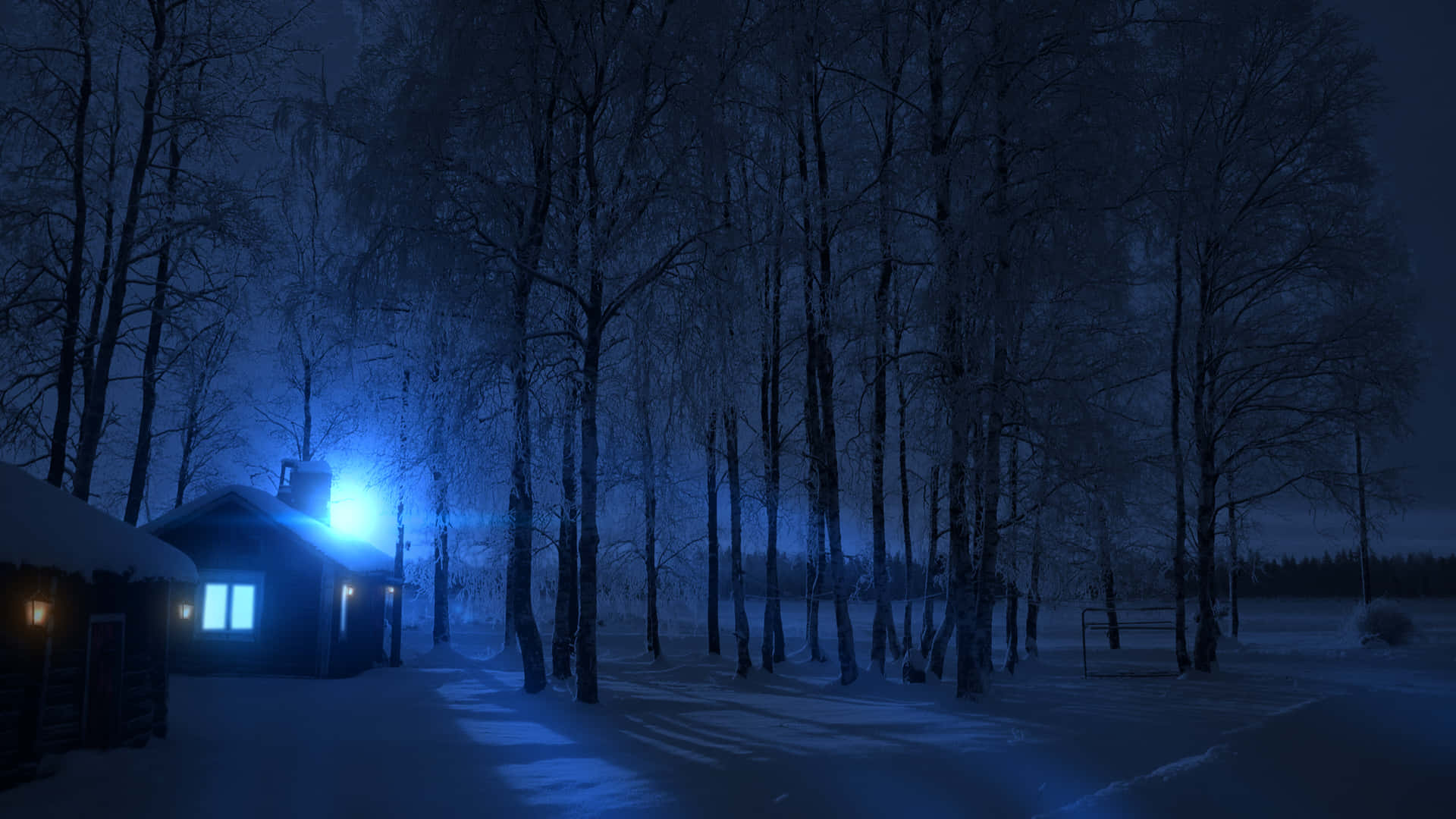 冬日森林夜晚，一間被雪覆蓋的小屋，窗戶透出光芒。