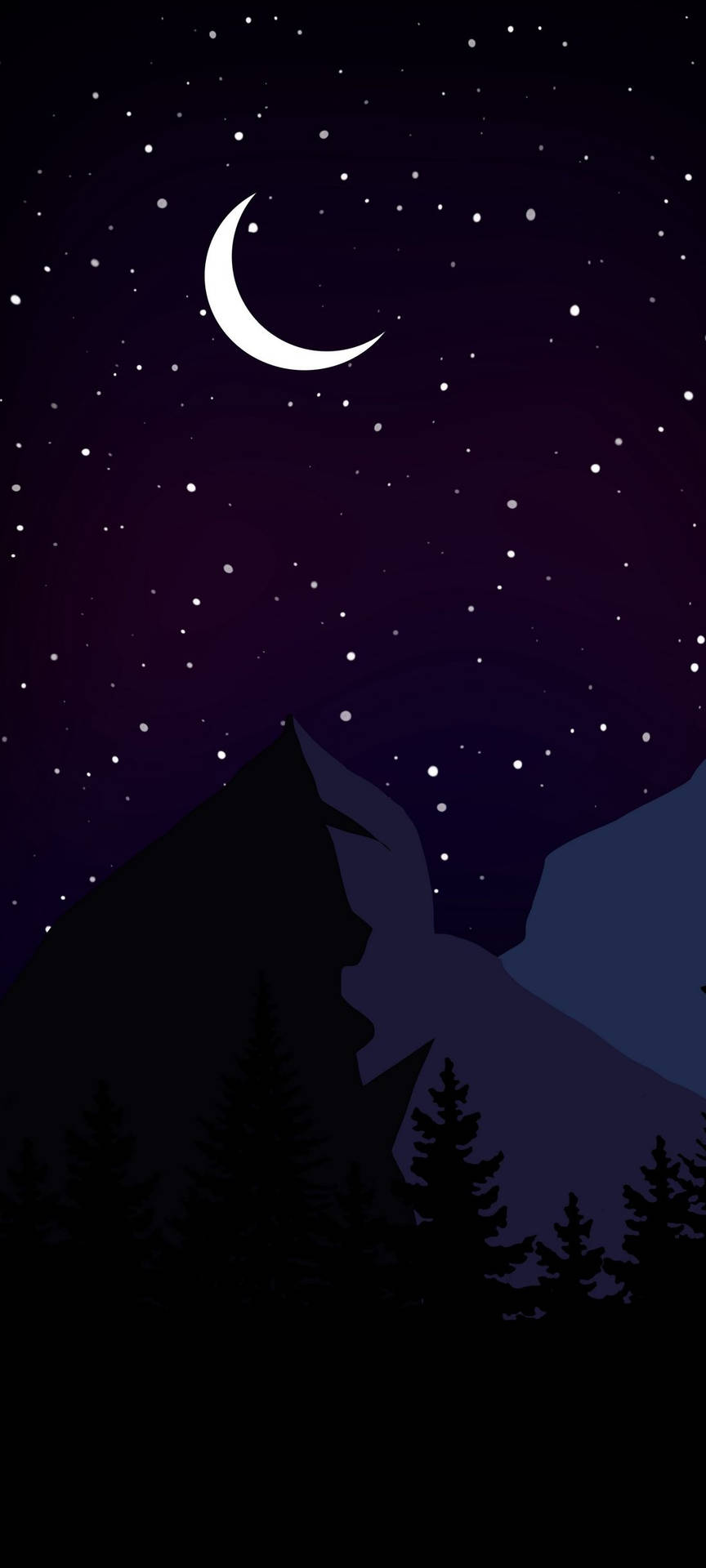 新月和星星在山峰和松樹上方夜間閃耀。