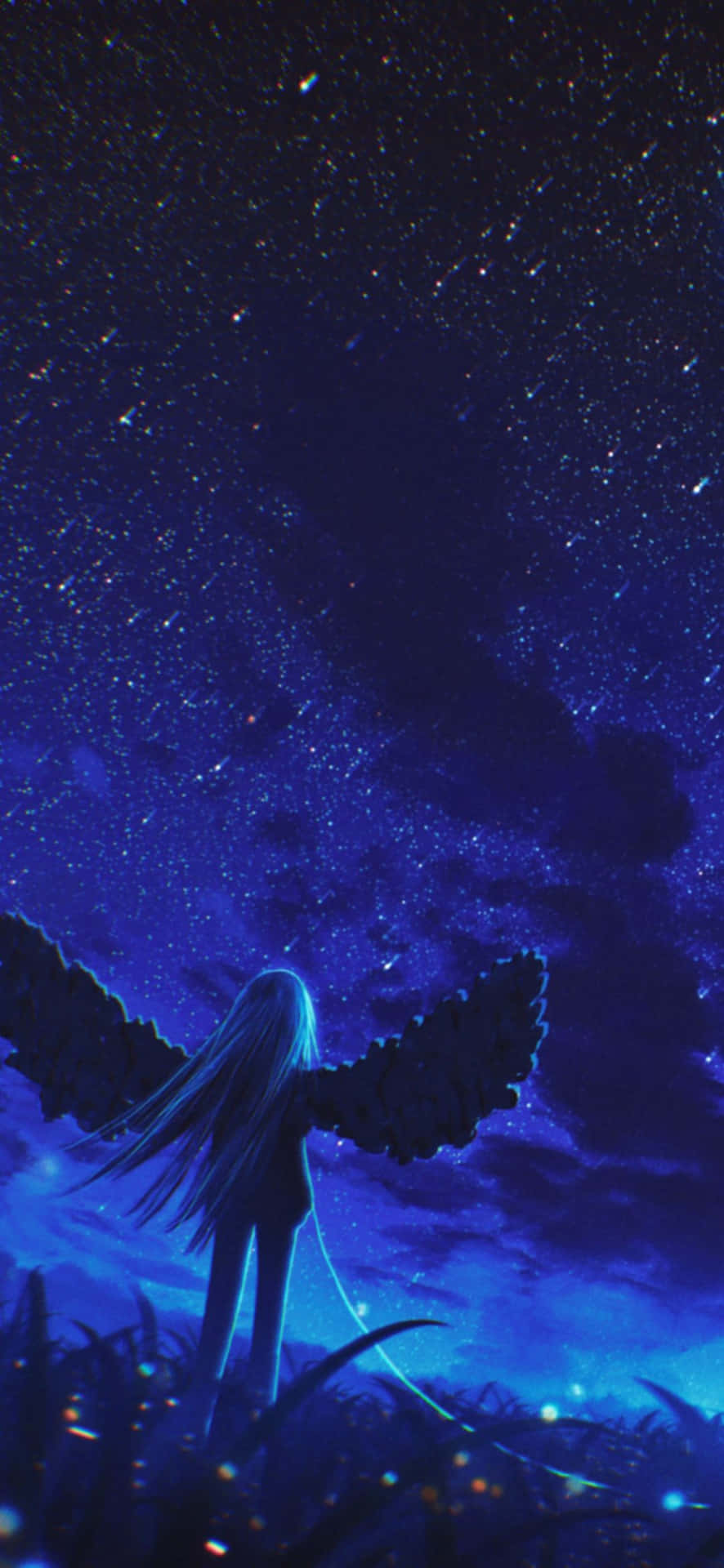 一個長髮有翼的人站在星空夜空下的田野中。