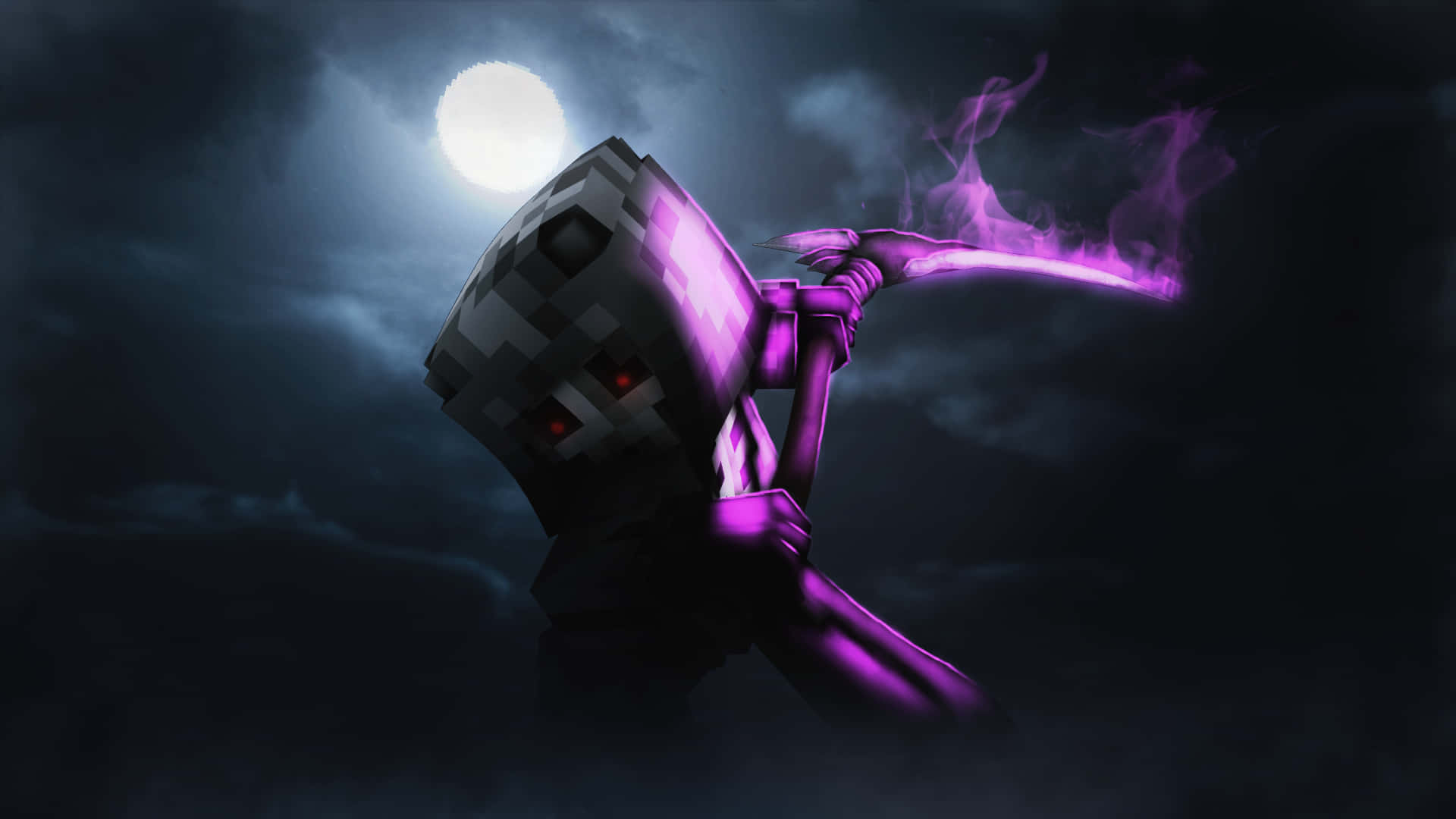 暗夜我的世界圖形背景 壁紙 — 一個像素化的 Minecraft 骷髏在黑暗暴風雨的天空下，滿月之中揮舞著一把發光的紫色劍。