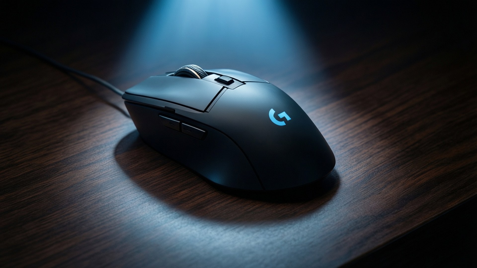 暗夜輕盈之鼠 壁紙 — 一隻黑色Logitech遊戲滑鼠帶有發光標誌，位於深色木桌上，在聚光燈下。