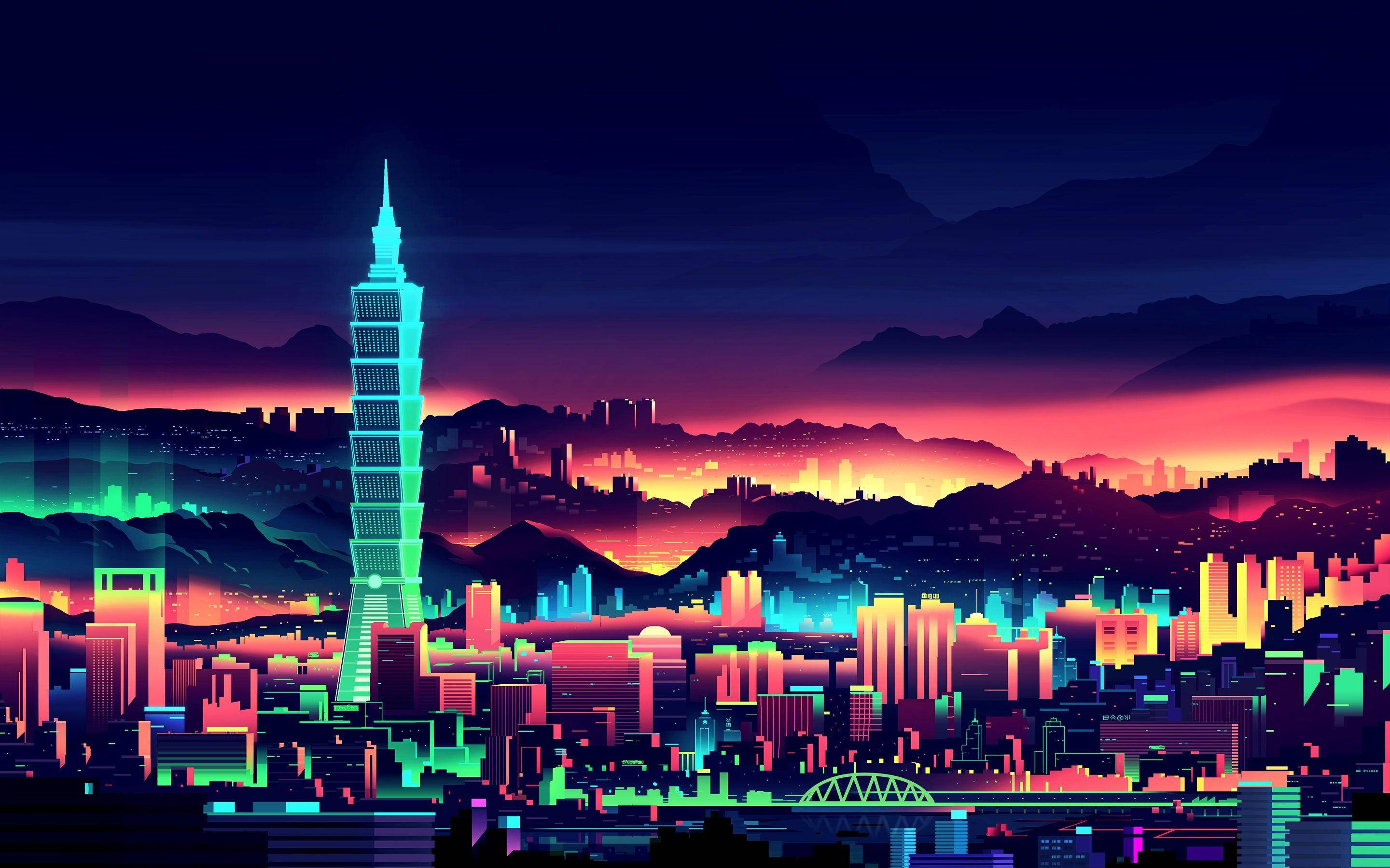 暗夜都市桌面美學 壁紙 — 黃昏時分，霓虹燈閃爍的賽博龐克城市景觀，一座發光的摩天大樓映襯著漸變的天空。
