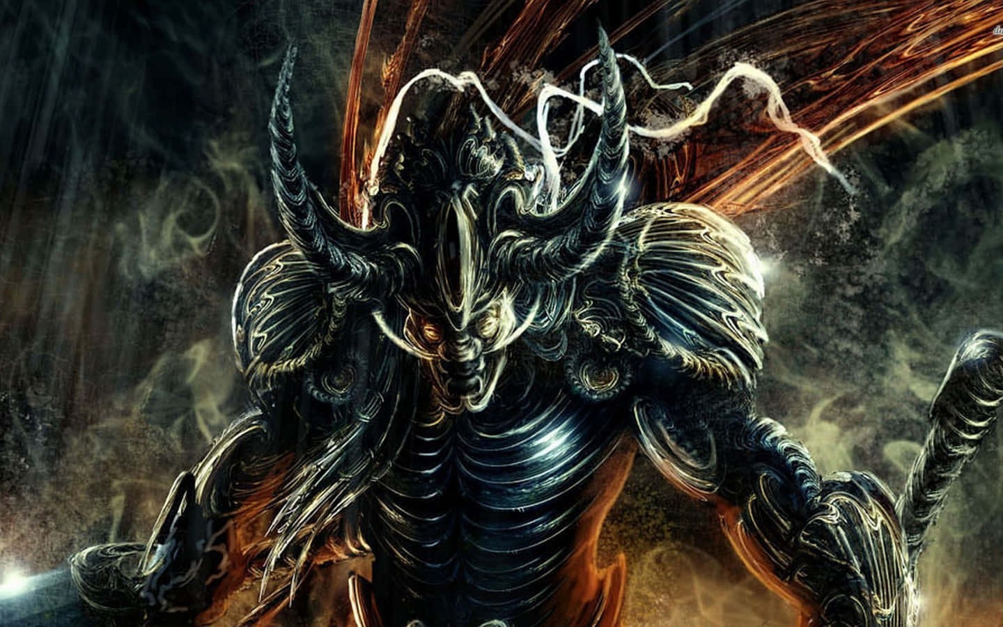 一個穿著華麗黑色盔甲的惡魔戰士，發光的眼睛和周圍旋轉的火焰能量。
