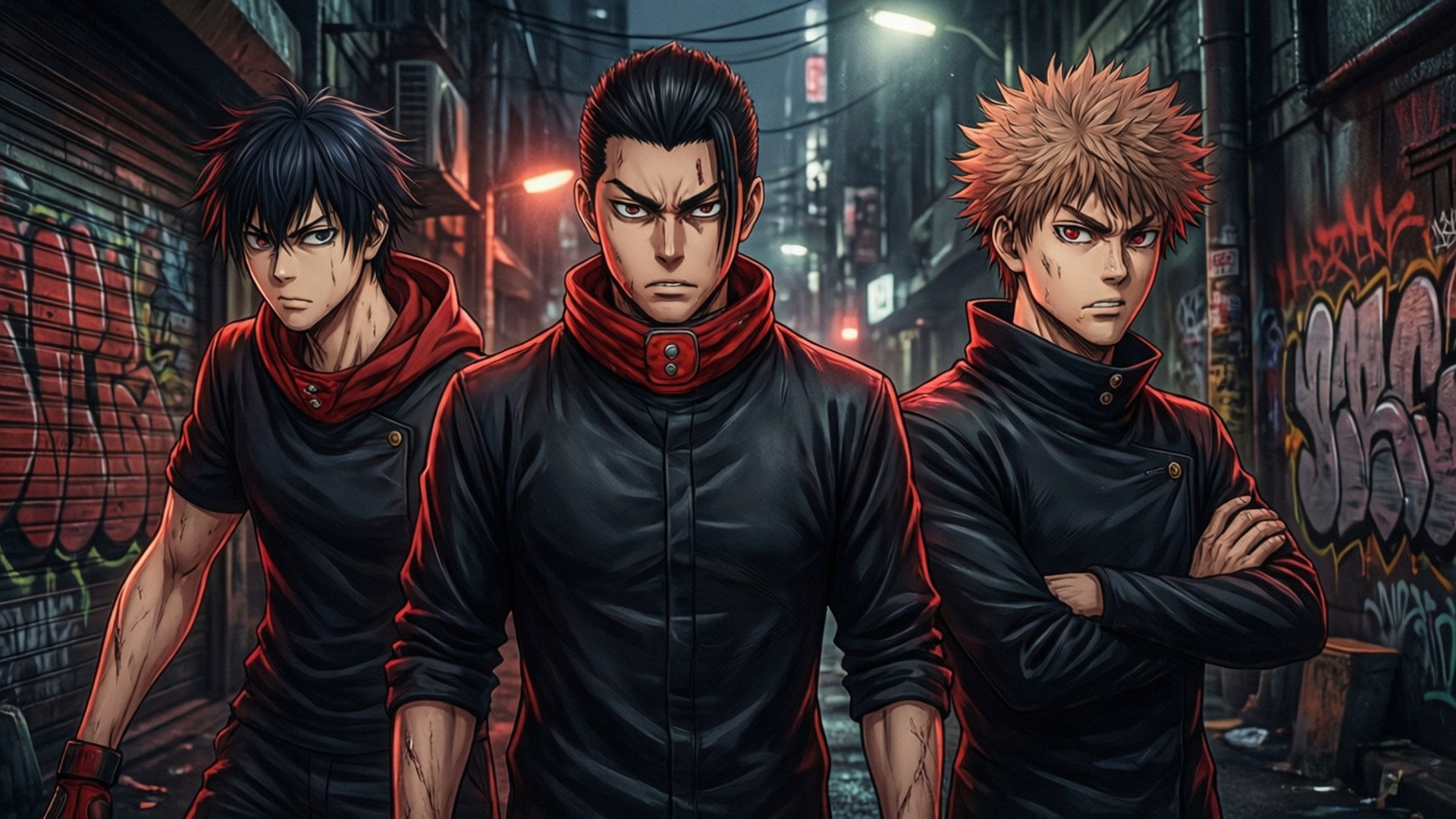 《東京卍復仇者》中Mikey、Draken與Takemichi於昏暗巷弄中的劇情群像壁紙。
