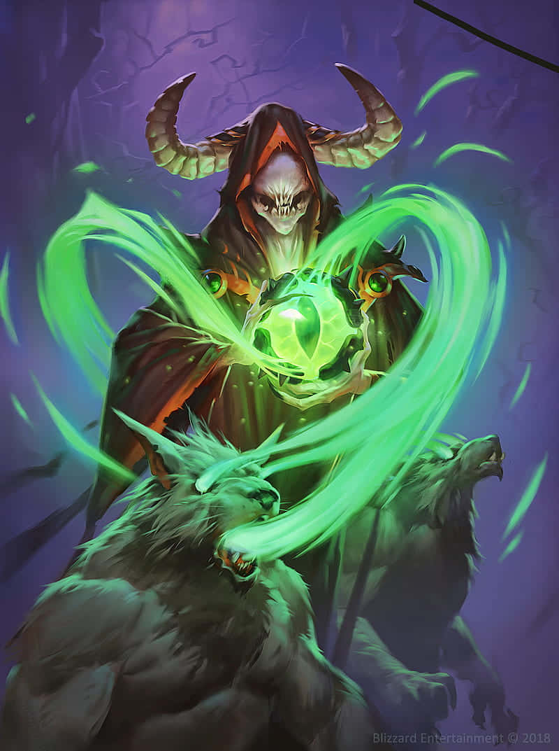 有角的骷髏惡魔引導綠色魔法球，狼在下方嚎叫。