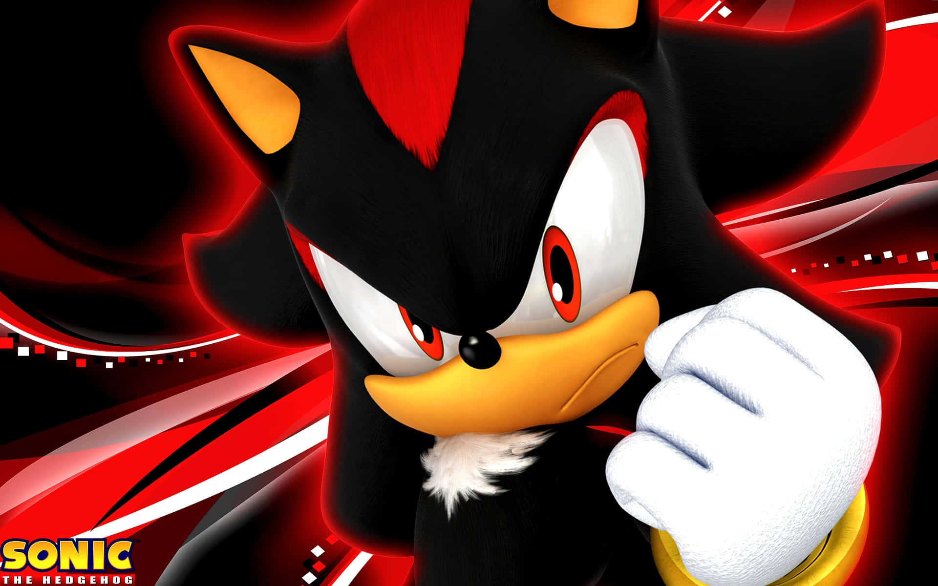Sonic The Hedgehog 桌布 壁紙 — 暗影刺蝟以動感姿態站立，背景是旋轉的紅色和黑色，帶有發光的條紋。