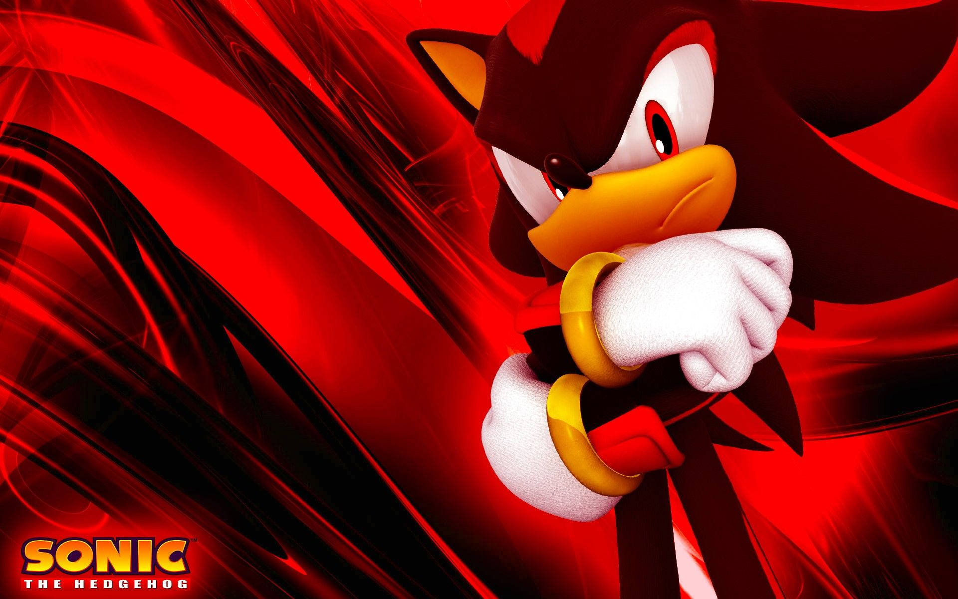Shadow The Hedgehog 桌布 壁紙 — 暗影刺蝟在旋轉的紅黑背景前擺出姿勢，雙眼赤紅，拳頭緊握。