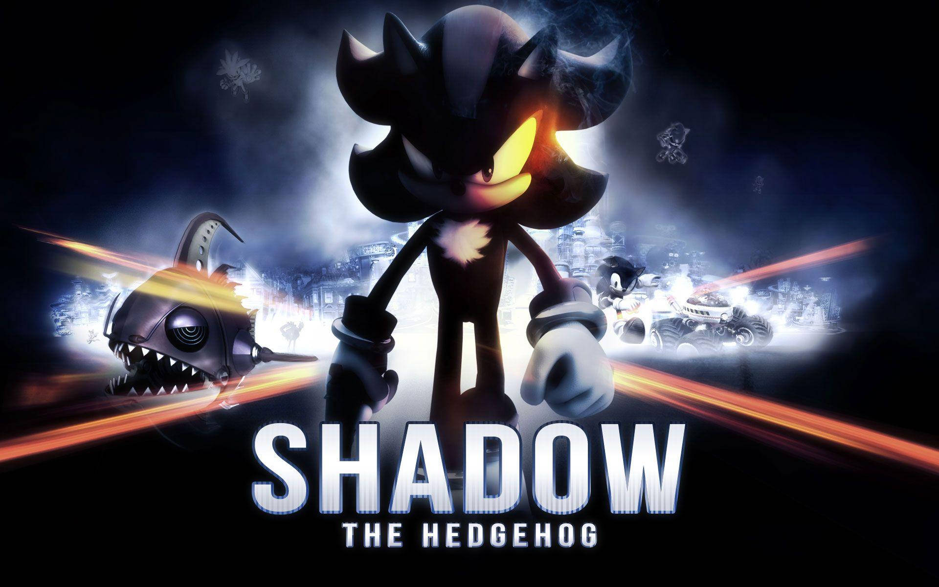 Shadow The Hedgehog 桌布 壁紙 — 暗影刺蝟在黑暗的城市景觀中威嚇地站立，眼睛發光，身後有光跡。
