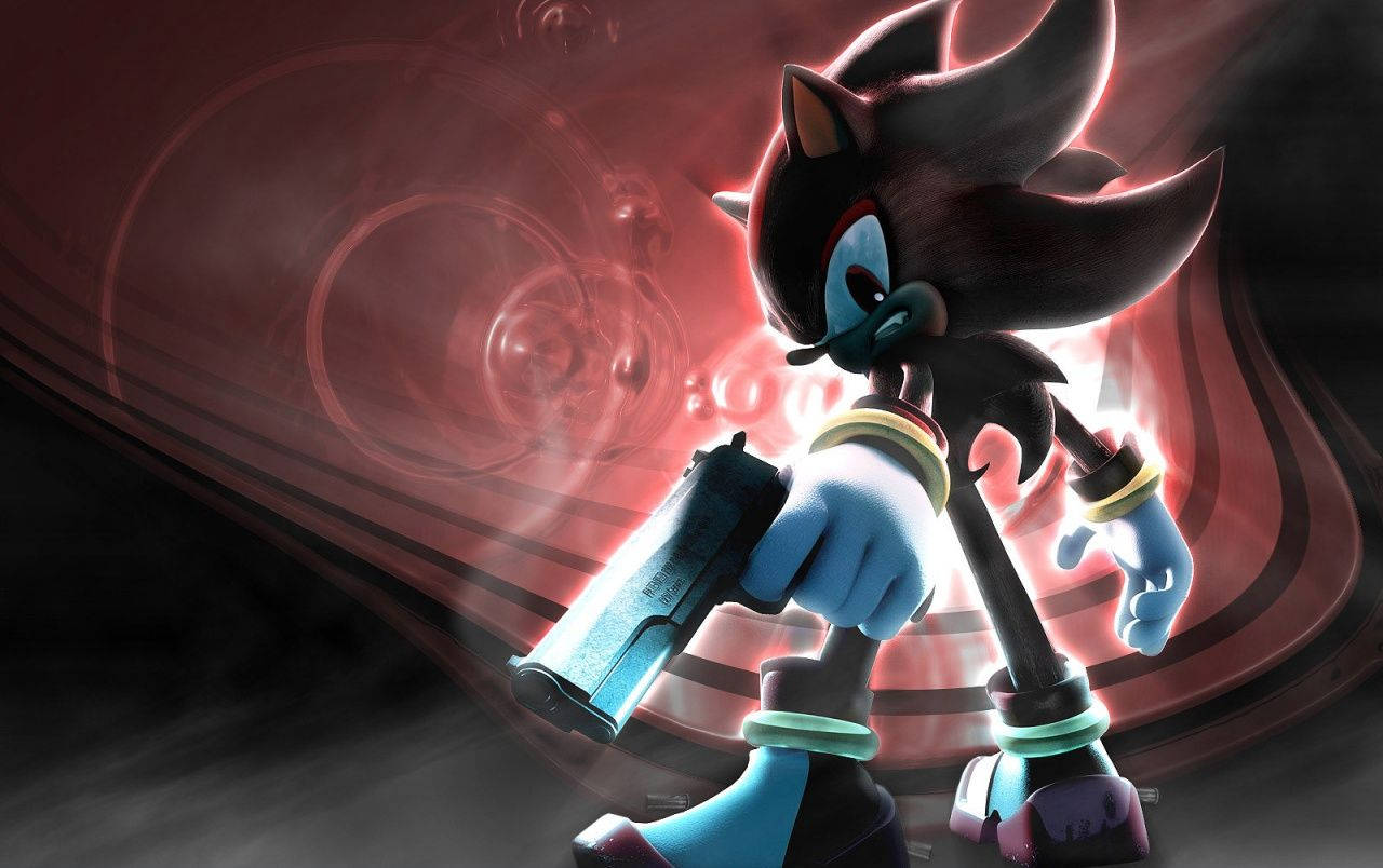 暗影索尼克與影子 壁紙 — 暗影刺蝟（Shadow the Hedgehog）擺好姿勢，雙手發出藍光，背景是旋轉的紅色和黑色漩渦。
