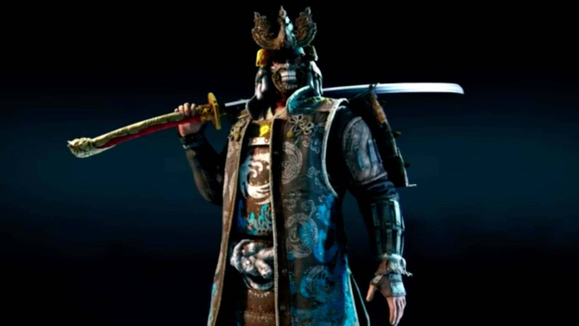 身穿藍色盔甲的武士在漆黑背景下扛著武士刀。
