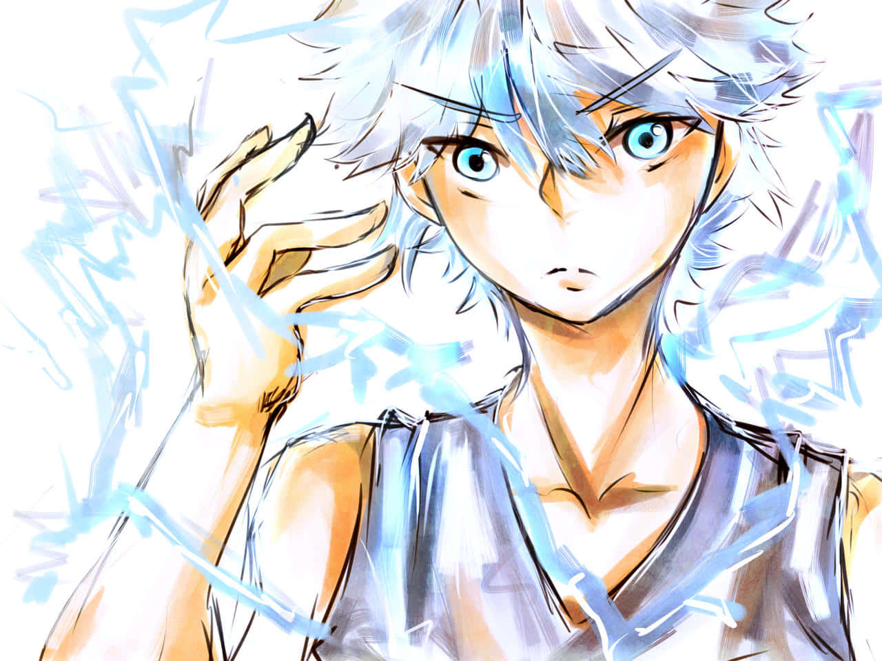 暗殺天才 - Killua Zoldyck 壁紙 — 一個堅定的動漫男孩，銀色頭髮和藍色眼睛，以動態素描風格將電能引導到他的手周圍。
