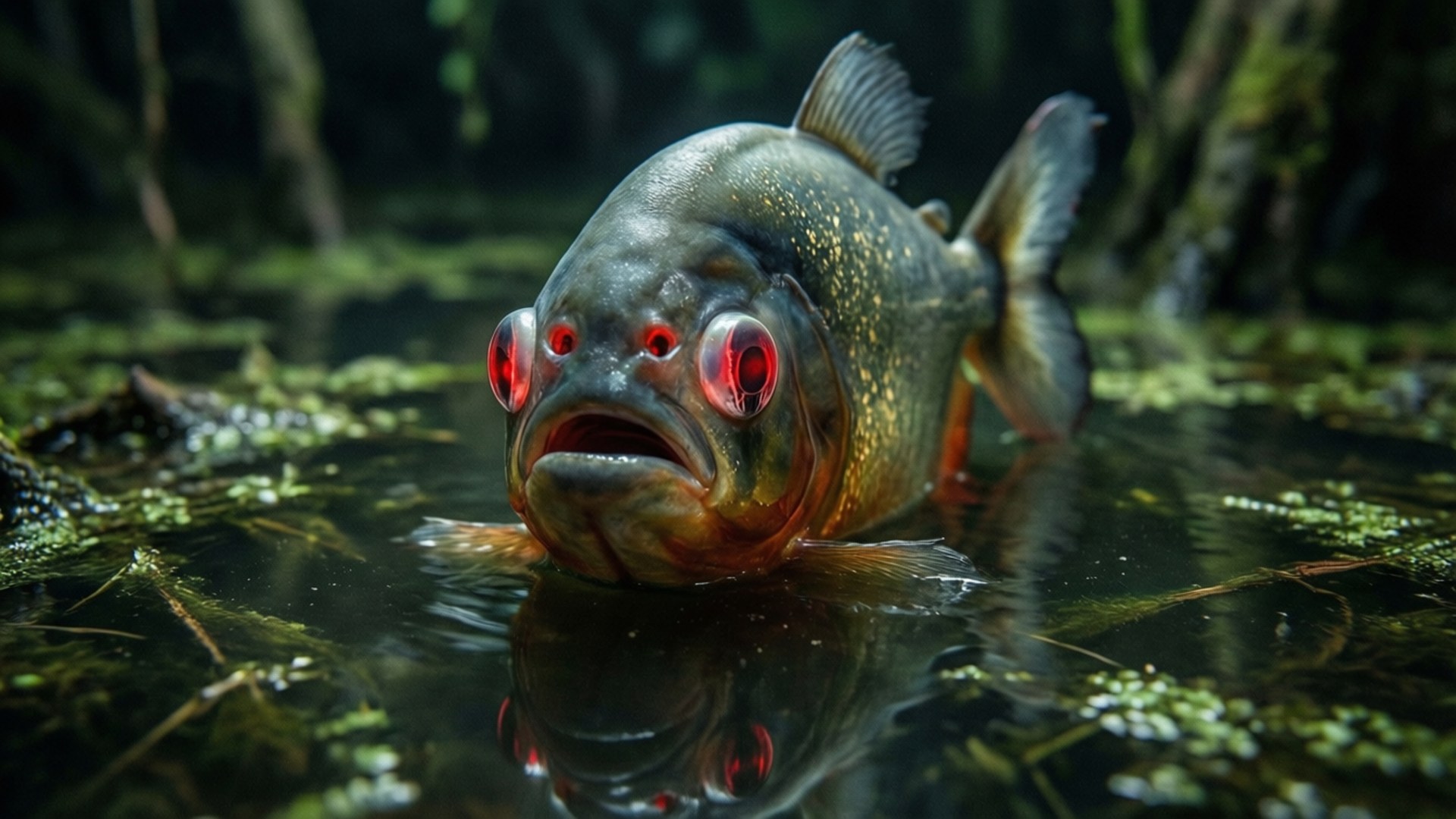 一條眼睛發出紅光的食人魚部分淹沒在帶有綠色藻類的渾水中。