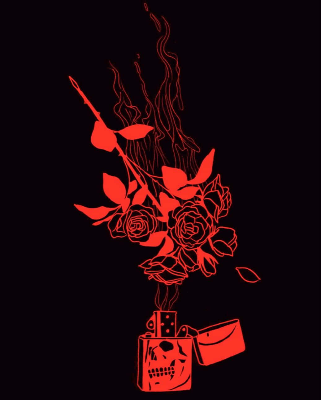 紅色骷髏打火機在黑色背景上噴出煙霧形成玫瑰