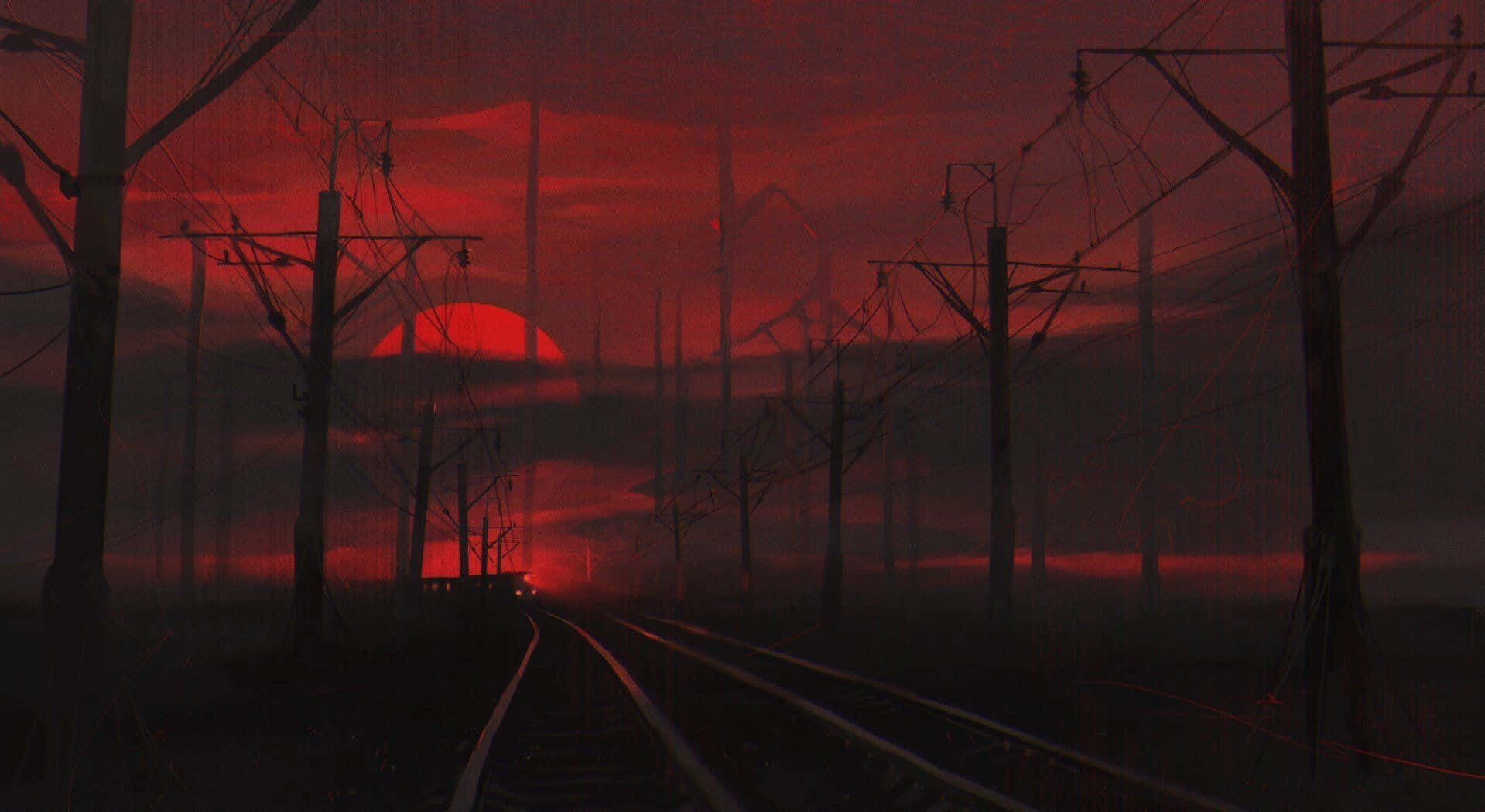 火車在鐵軌上，紅色夕陽，電線和霧氣