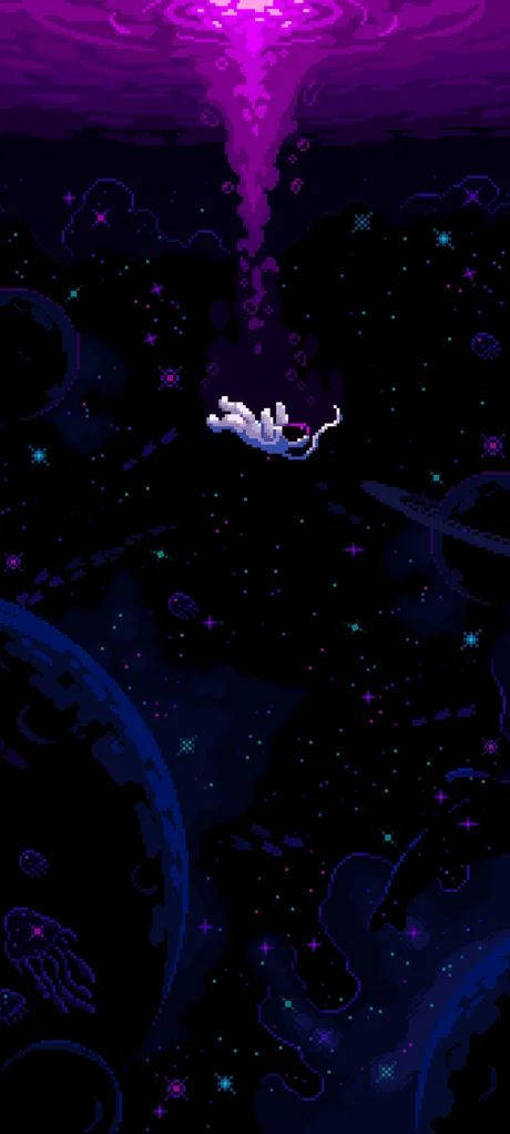 像素太空人在星光燦爛的宇宙空間中漂浮，伴有發光的星雲。