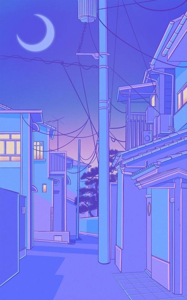 一條安靜的藍色調動漫小巷，夜晚有新月和發光的窗戶。