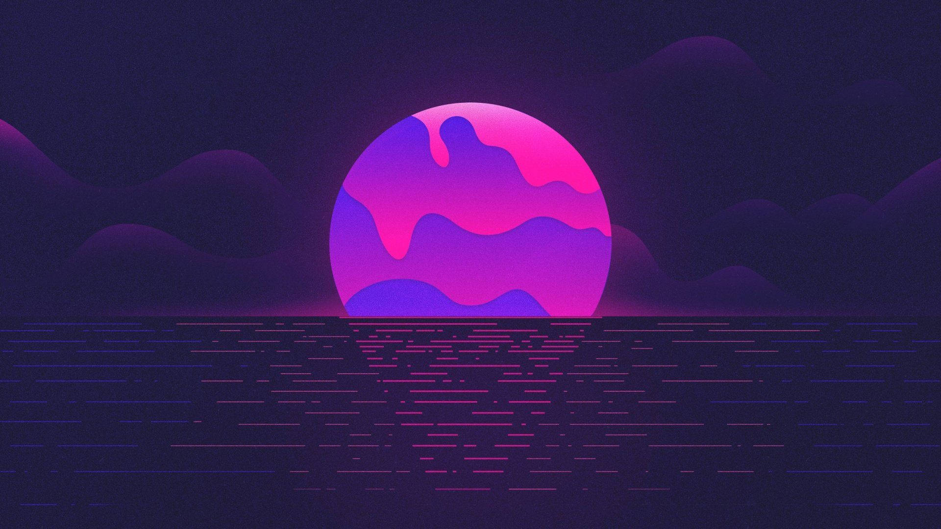 一個發光的紫色和粉紅色行星在夜間從黑暗的海洋上升起。