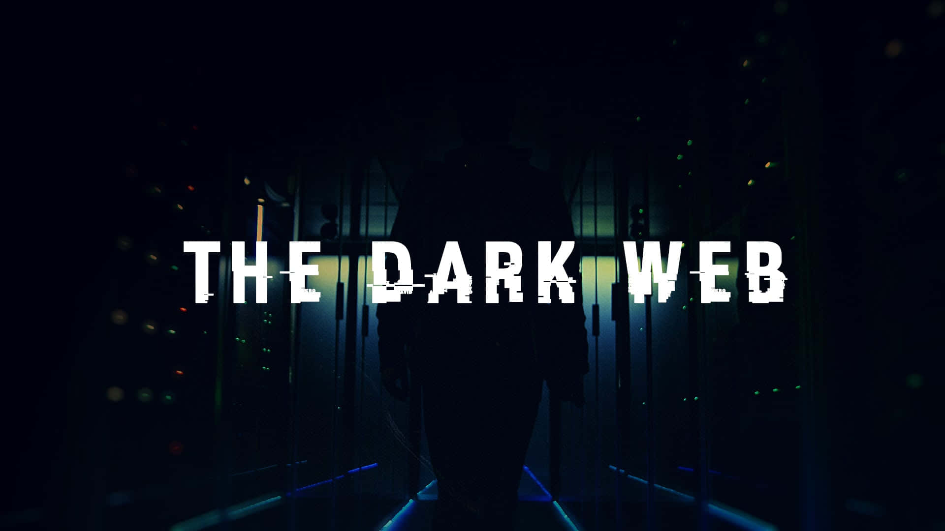 一個人的剪影穿過黑暗的伺服器室，有藍色燈光和文字「THE DARK WEB」。