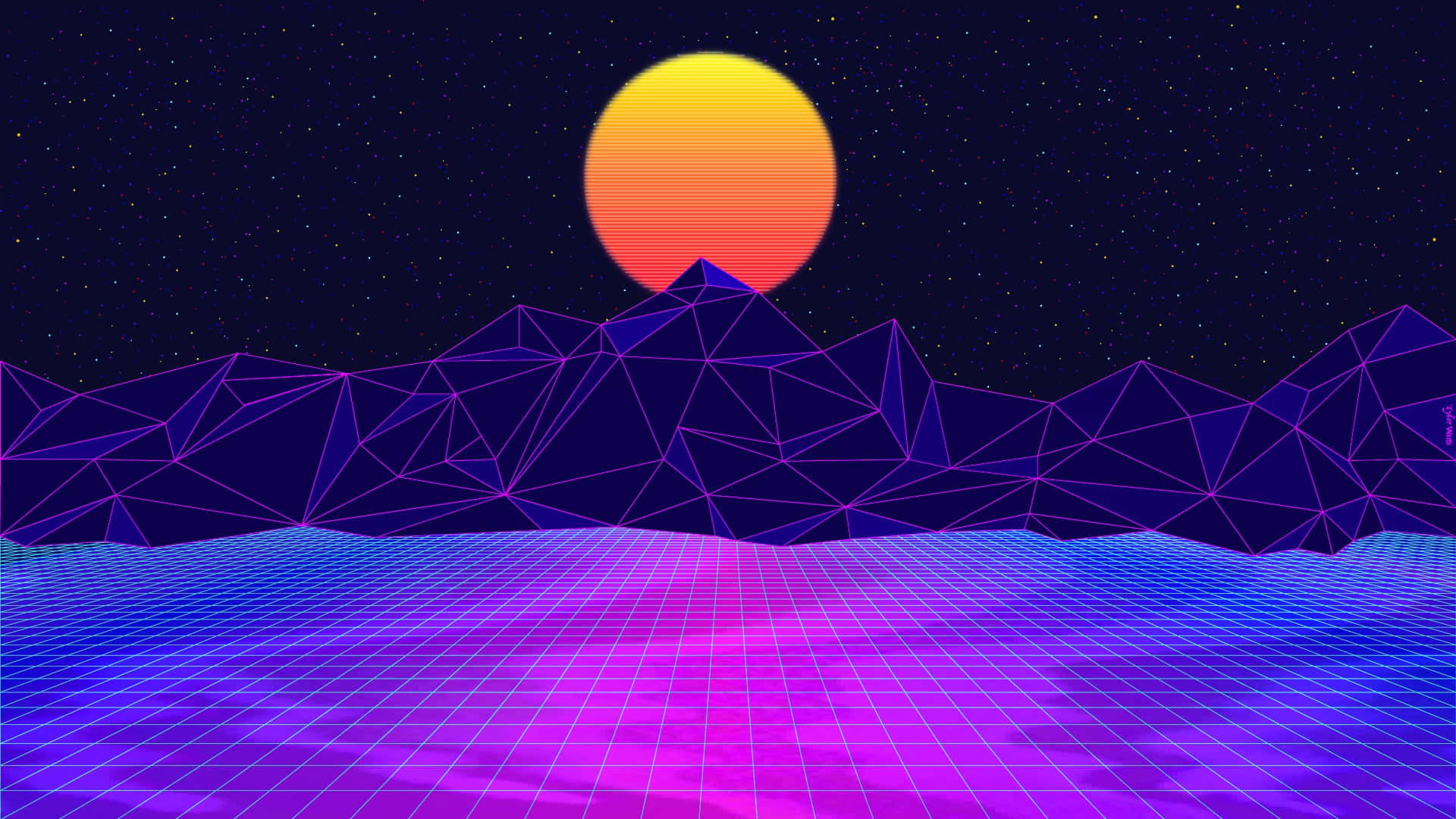 霓虹紫色網格景觀，在發光的日落太陽和星空下呈現幾何山脈。