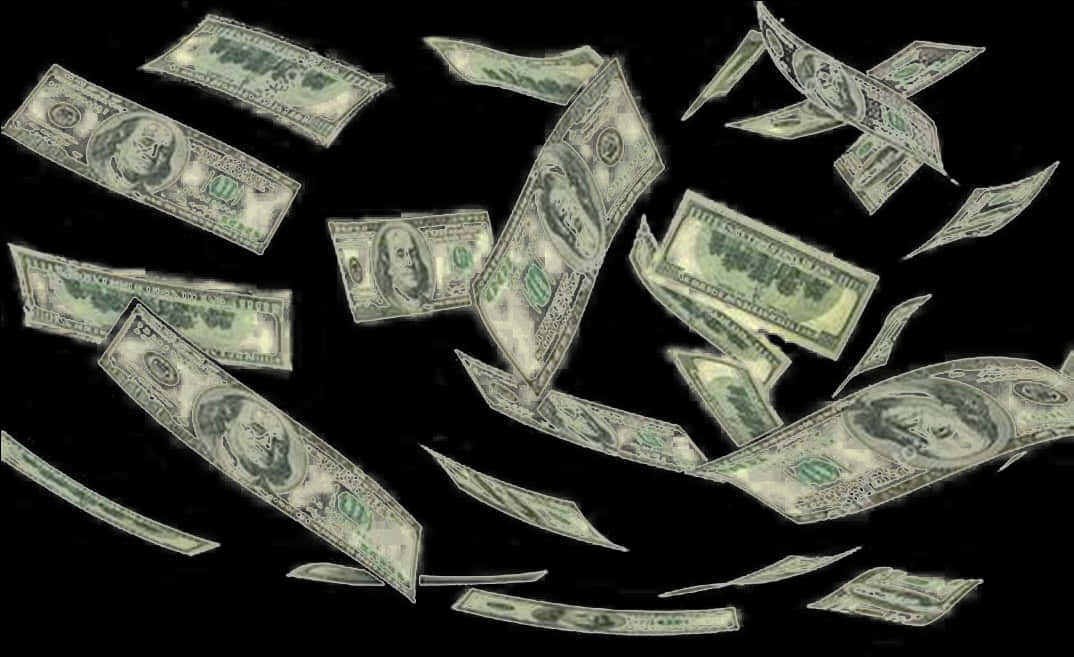 暗色背景下的現金瀑布 壁紙 — 一百美元鈔票在純黑背景上如雨般落下，形成綠白相間的動態瀑布。