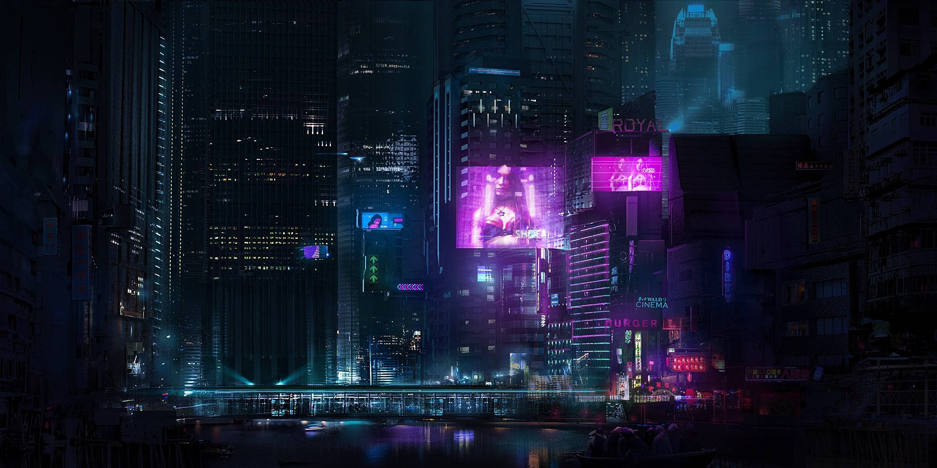 暗色霓虹城市 壁紙 — 夜晚霓虹燈閃爍的賽博龐克城市景觀，高聳的摩天大樓在下方河流中反射出鮮豔的紫色和藍色燈光。