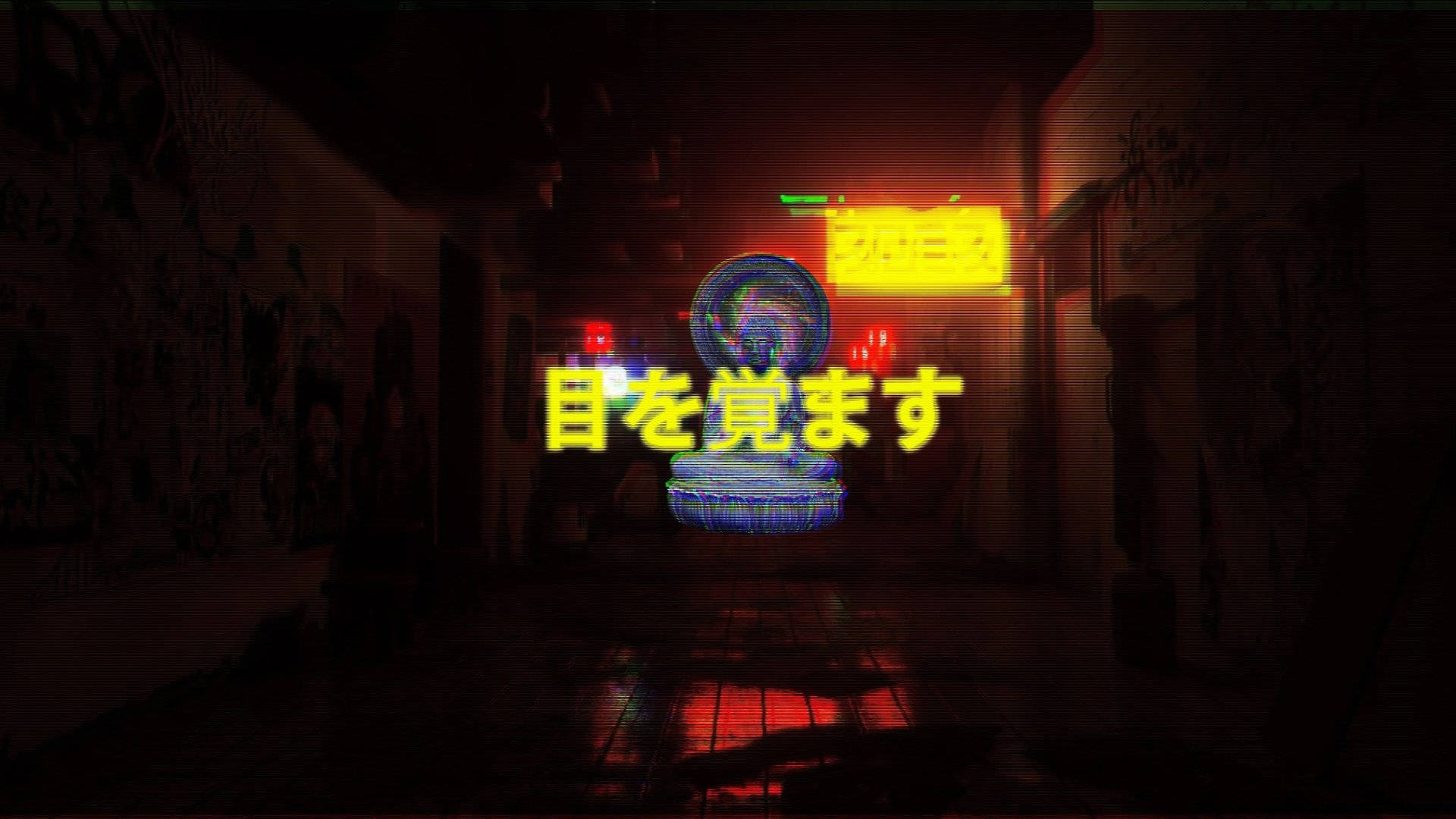 在霓虹燈照亮、有塗鴉牆的城市小巷中的發光佛像。