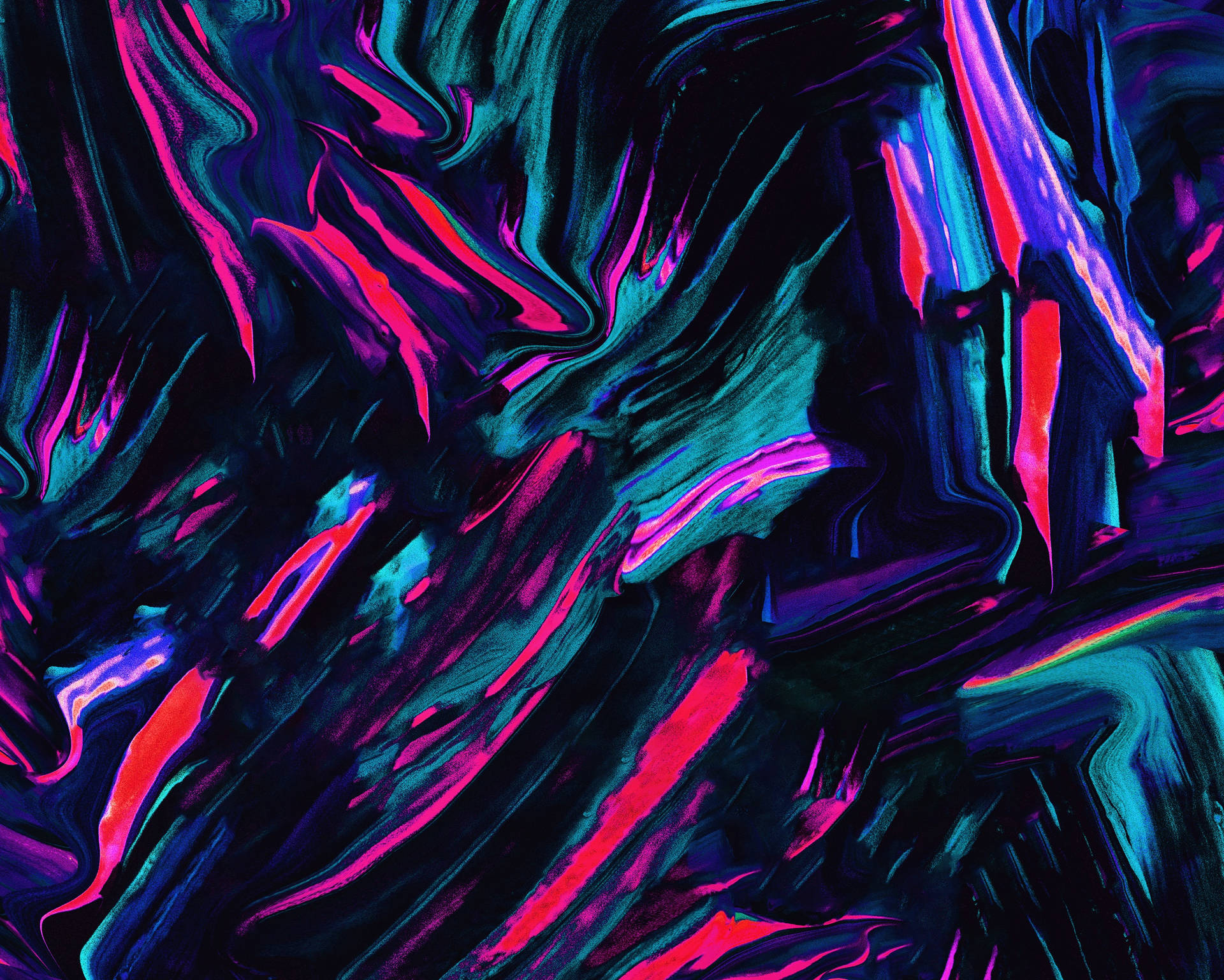 黑色背景上帶有螢光粉紅和藍綠色漩渦的抽象數碼藝術作品。