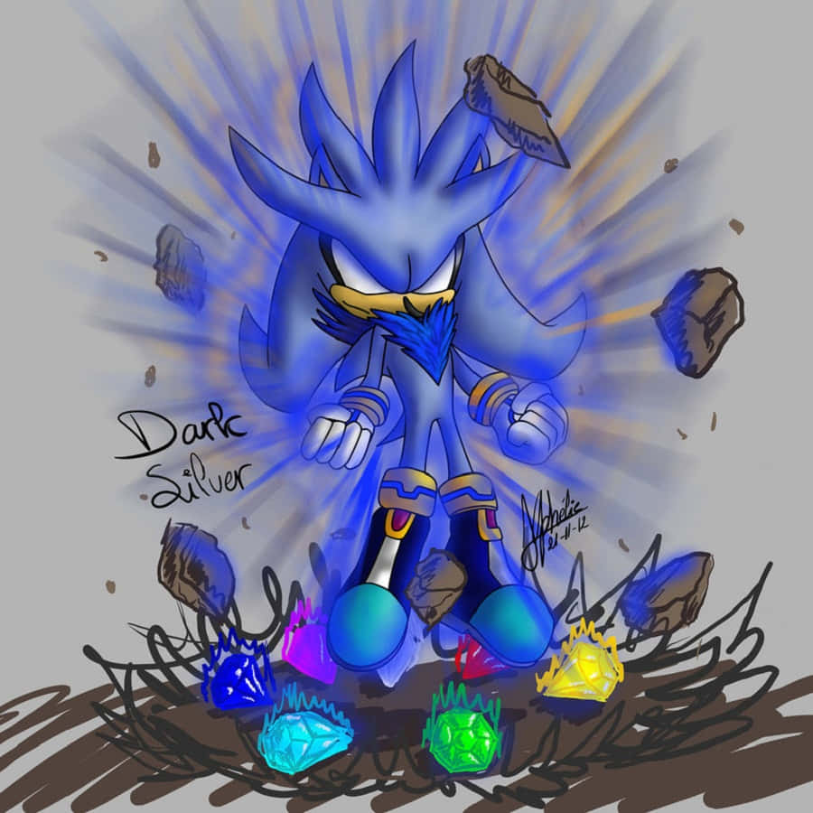 Chaos Emeralds 桌布 壁紙 — 暗銀色在閃爍的寶石和飛揚的碎片中，在耀眼的藍色光環下強勢矗立。