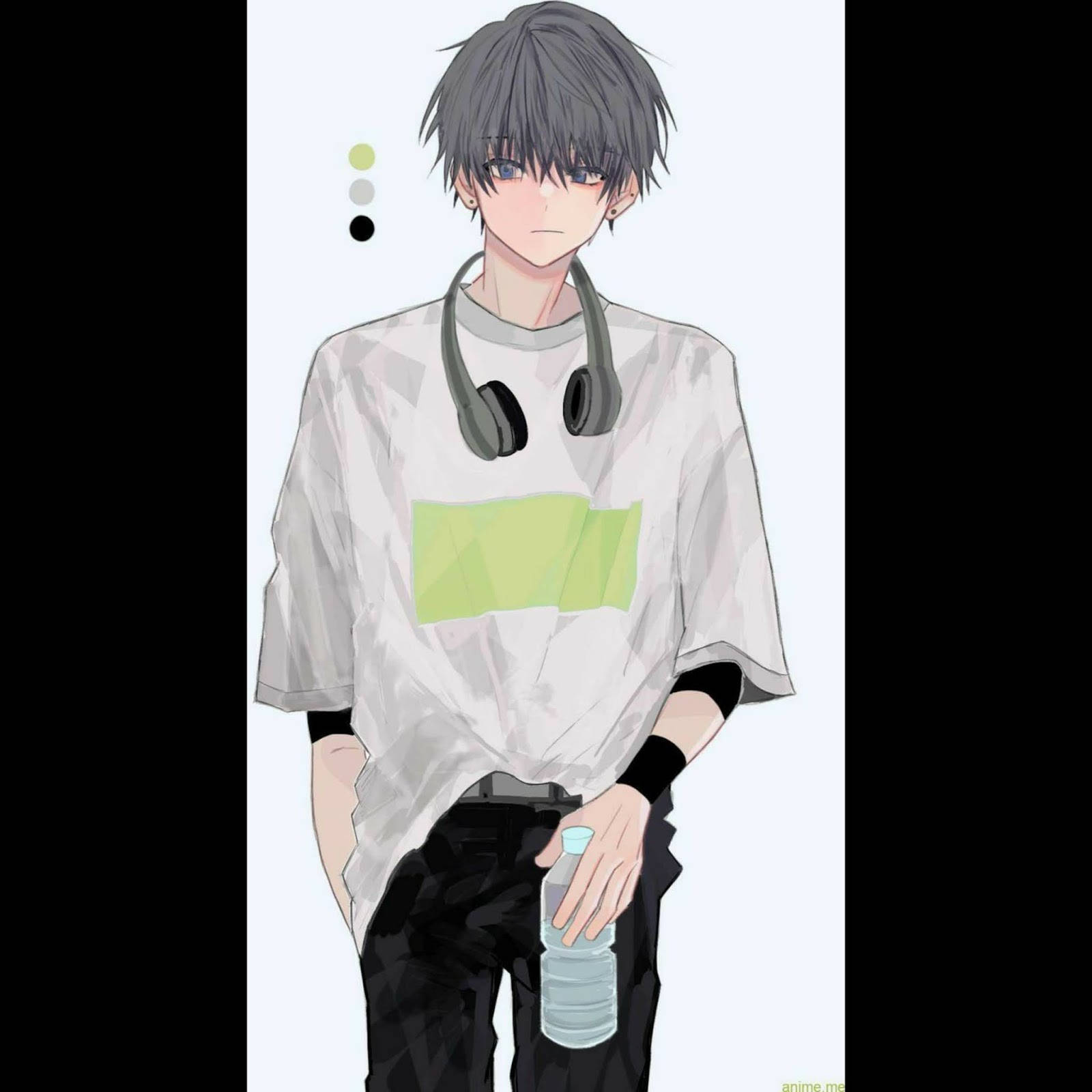動漫風格的年輕男子，戴著耳機和水樽，穿著休閒服裝。