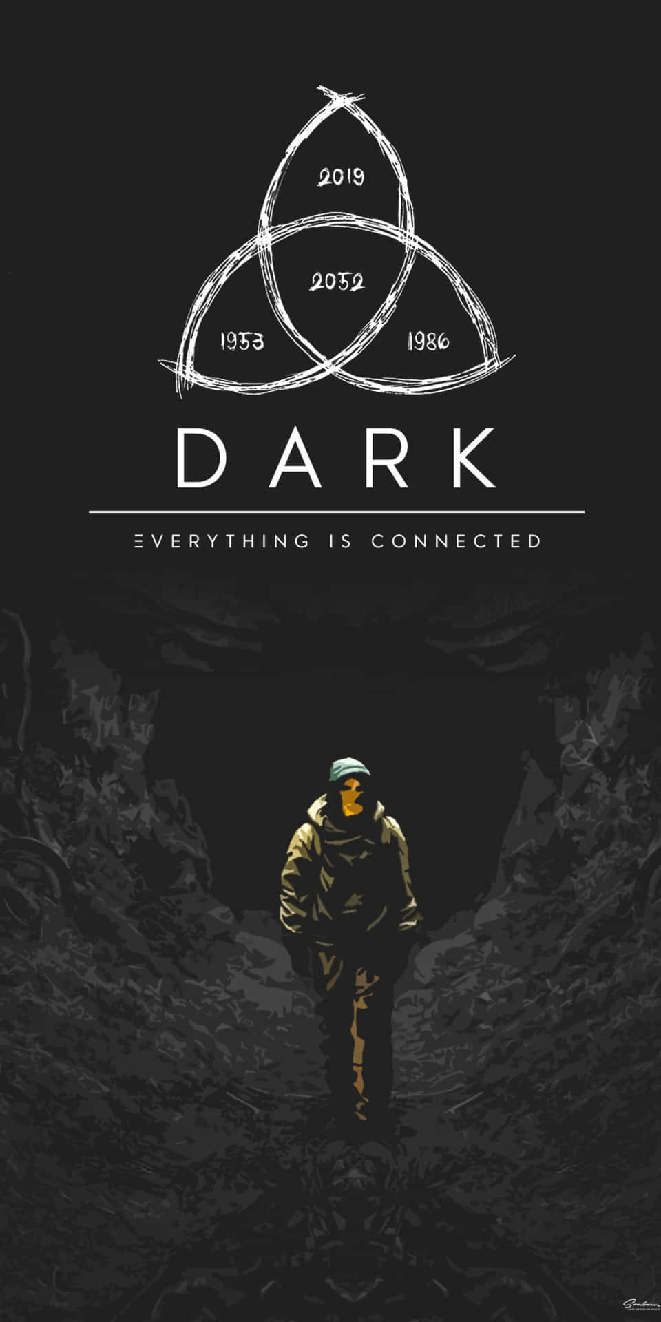 一個穿著連帽外套的人，站在一個帶有年份和DARK字樣的三曲腿圖符號下的黑暗隧道中。