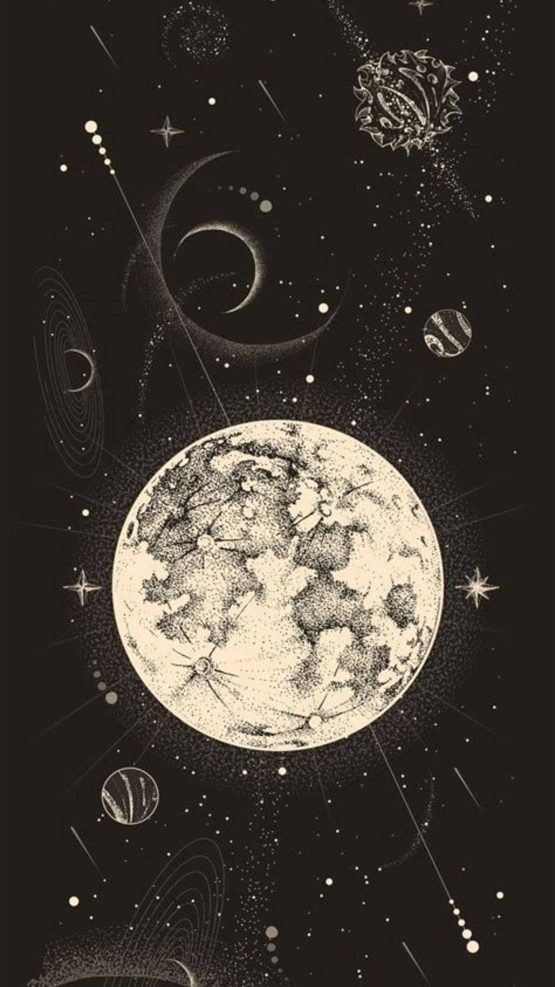 以單色墨水風格描繪的天體和宇宙漩渦。