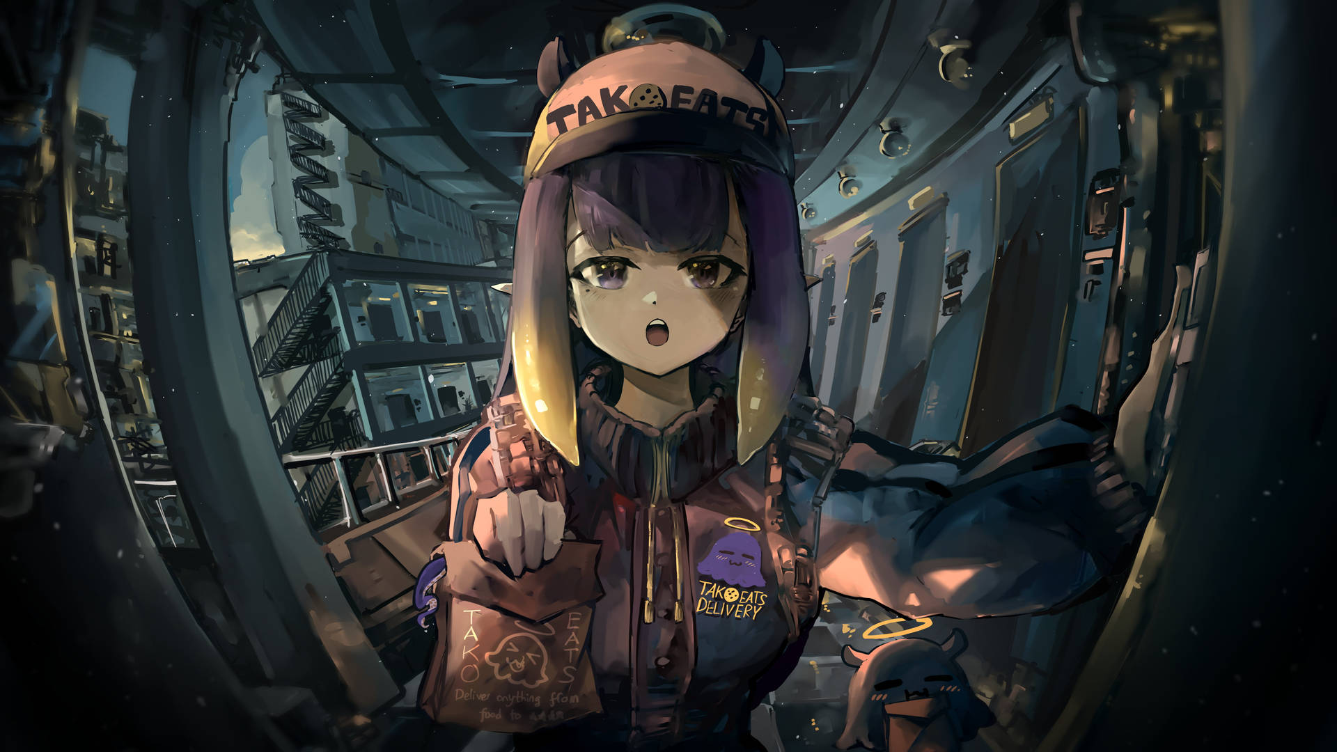 穿著章魚燒送貨制服的動漫女孩，在黃昏時分站在未來感的地鐵隧道內。