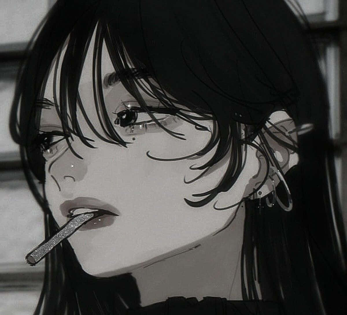 黑髮穿環的動漫女孩在灰階中抽煙。