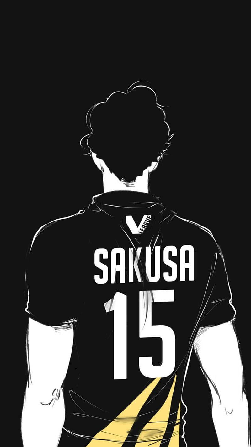 穿著黑色球衣、帶有名字 Sakusa 和號碼 15 的動漫運動員，從背後看到。