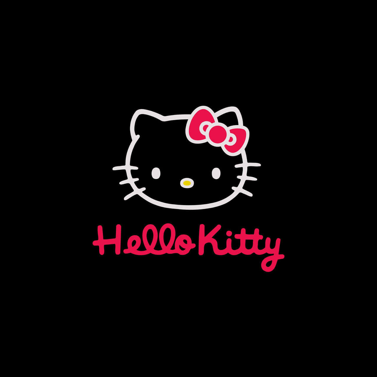 Hello Kitty 標誌，紅色蝴蝶結，黑色背景。